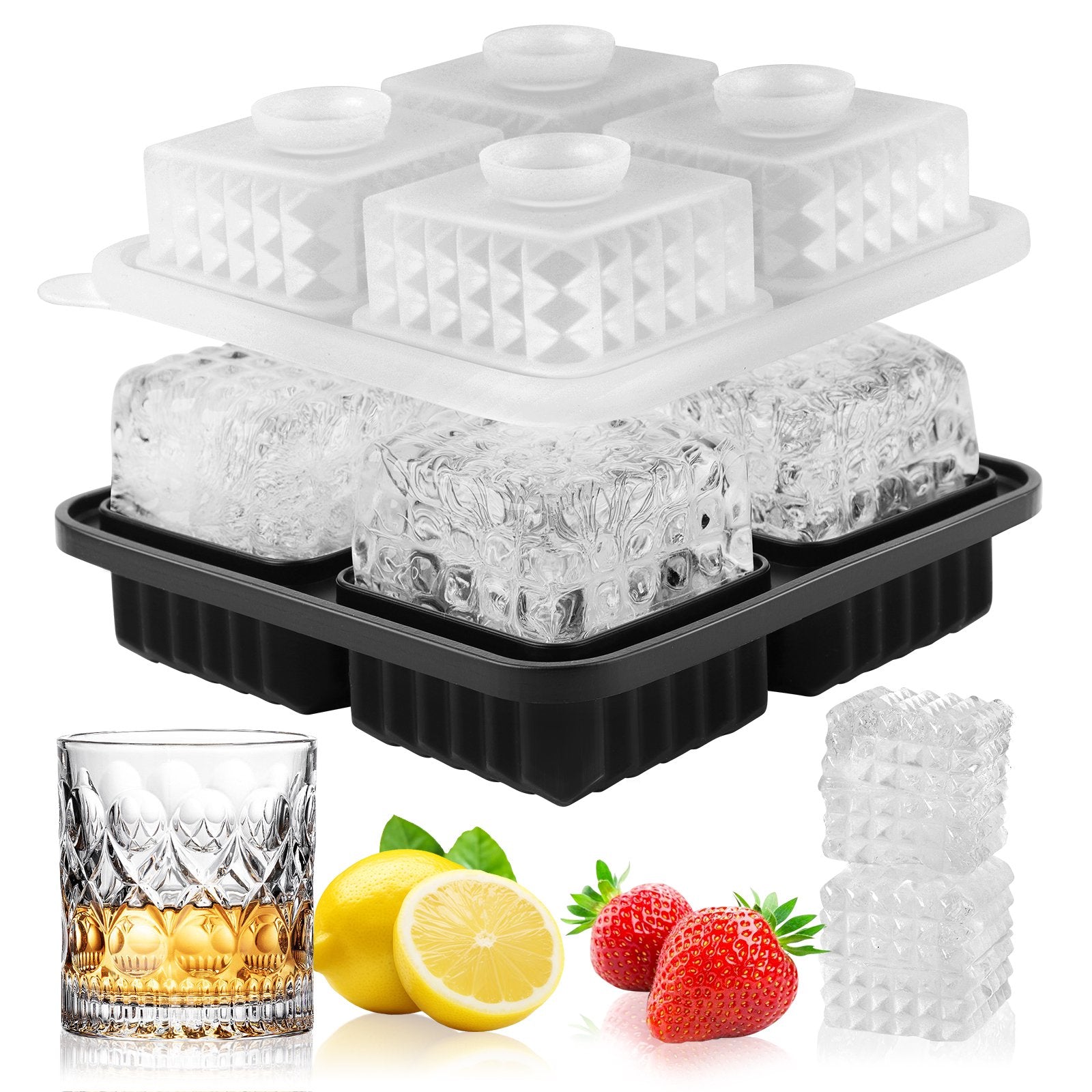 Ice Cube Tray, Morfone Silicone Square Large Ice Mold Combo with Lid, Funnel Design Easy-Release Reusable Ice Ball Maker for Whiskey, Cocktail, Bourbon, Homemade Drinks