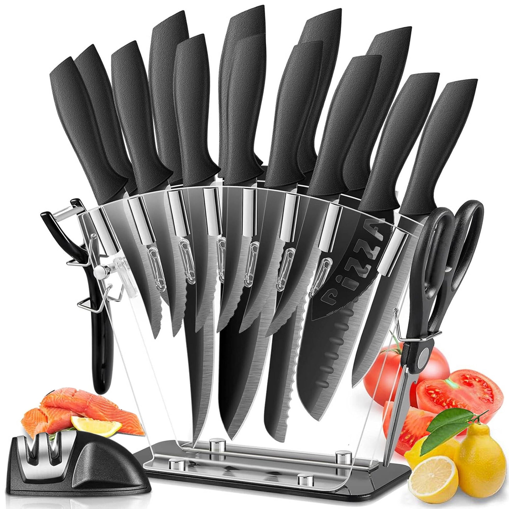 ACMETOP 17 PCS Knife Set with Block, Razor-Sharp Blades Lightweight, High Carbon German Stainless Steel Knife Block Set, Multiple Variety of Knives, Scissor, Sharpener, All in One Kitchen Knife Set