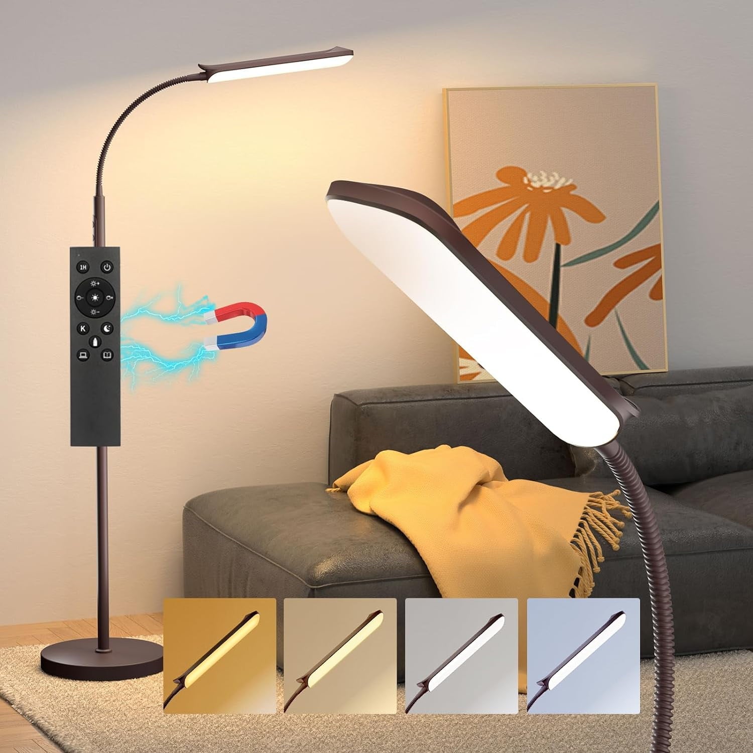 ACMETOP Floor Lamp, 18W/1800LM Bright LED Floor Lamp with Stepless Adjustable 2700K-6500K Colors and Dimmer, Remote and Touch Control, Adjustable Gooseneck Floor Lamp for Living Room (Black)