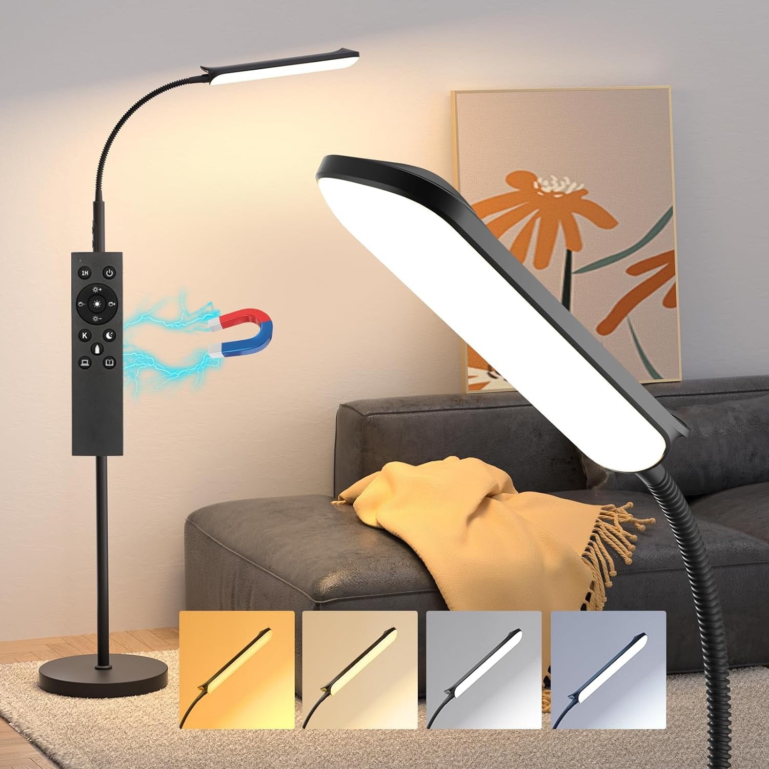 ACMETOP Floor Lamp, 18W/1800LM Bright LED Floor Lamp with Stepless Adjustable 2700K-6500K Colors and Dimmer, Remote and Touch Control, Adjustable Gooseneck Floor Lamp for Living Room (Black)