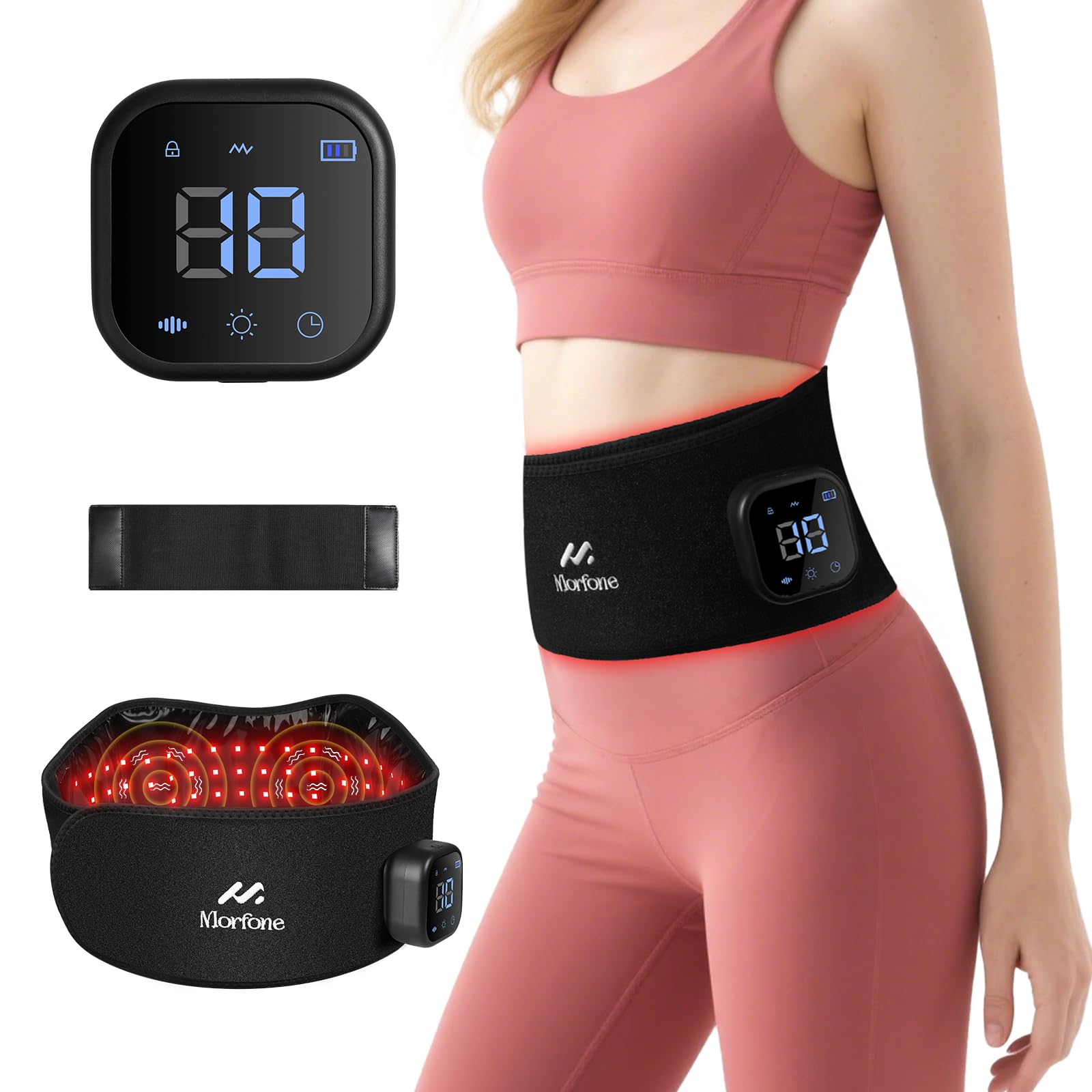 Morfone 660nm & 850nm red light therapy belt, used for body heating, vibration massage, and relief of muscle pain in the waist, shoulders, back, etc.