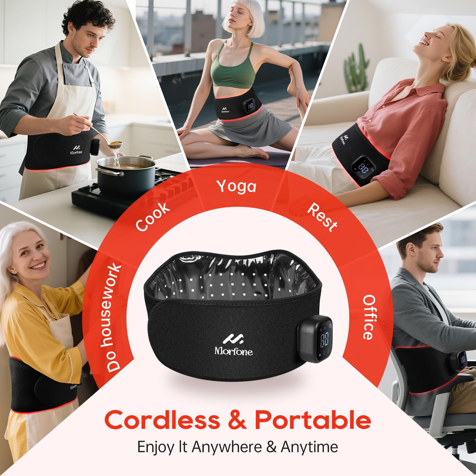Morfone 660nm & 850nm red light therapy belt, used for body heating, vibration massage, and relief of muscle pain in the waist, shoulders, back, etc.