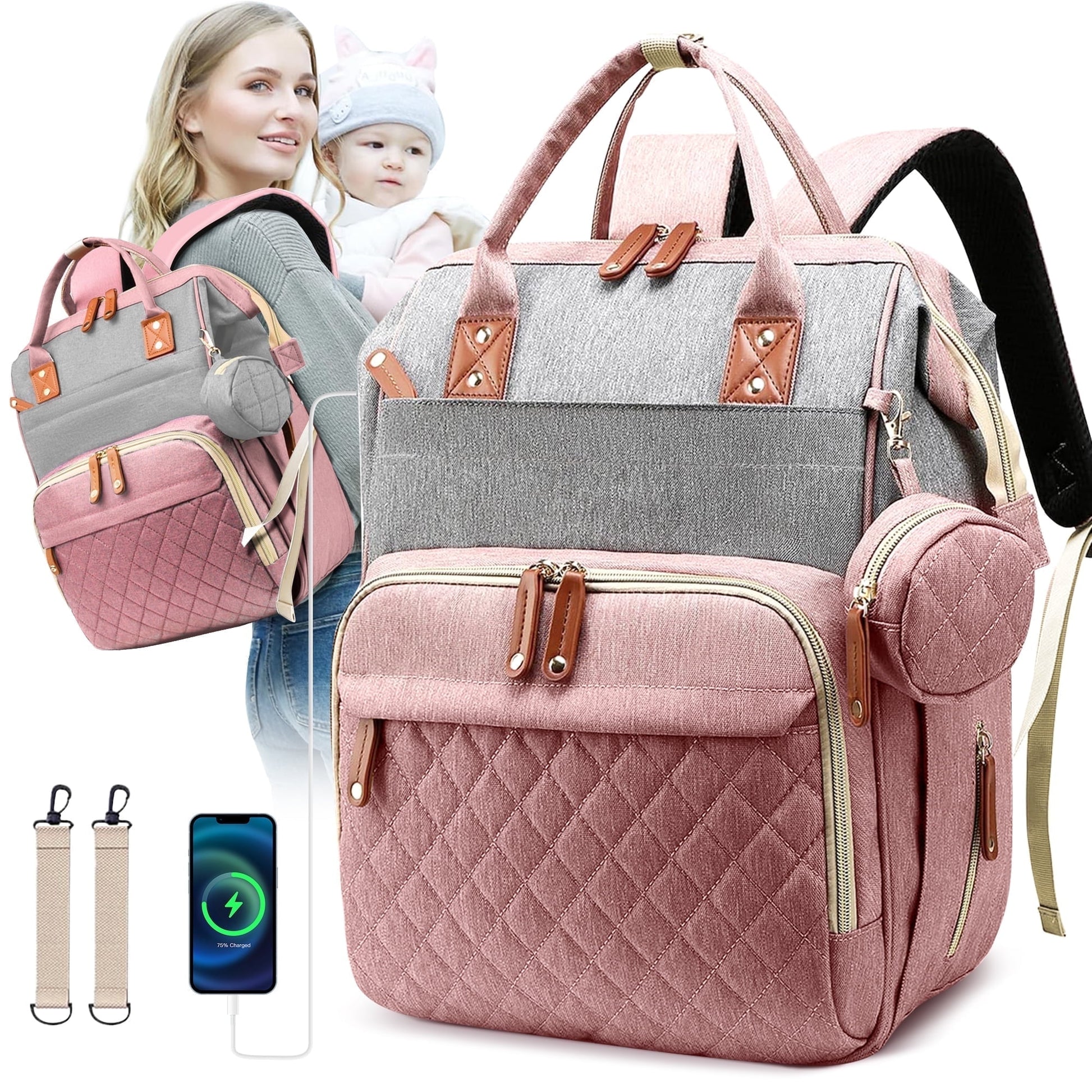 Morfone Baby Diaper Bag Backpack, Multifunction Waterproof Baby Bag with USB Charging Port, Stroller Straps & Pacifier Case Unisex
