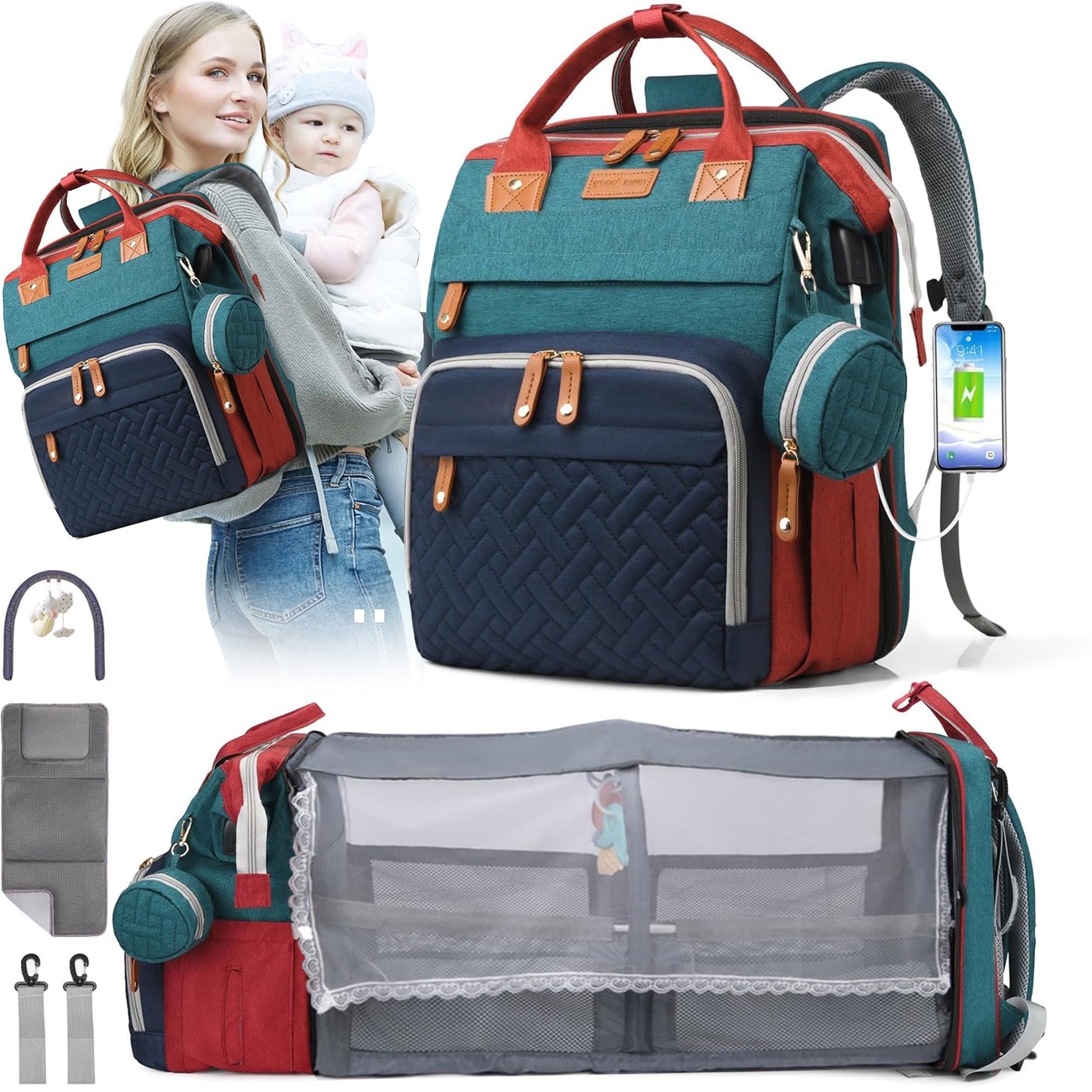 Morfone Diaper Bag Backpack with Changing Station, Large Capacity Baby Essentials Travel Tote, Waterproof Baby Bag with Changing Pad Stroller Straps & Pacifier Case - Unisex