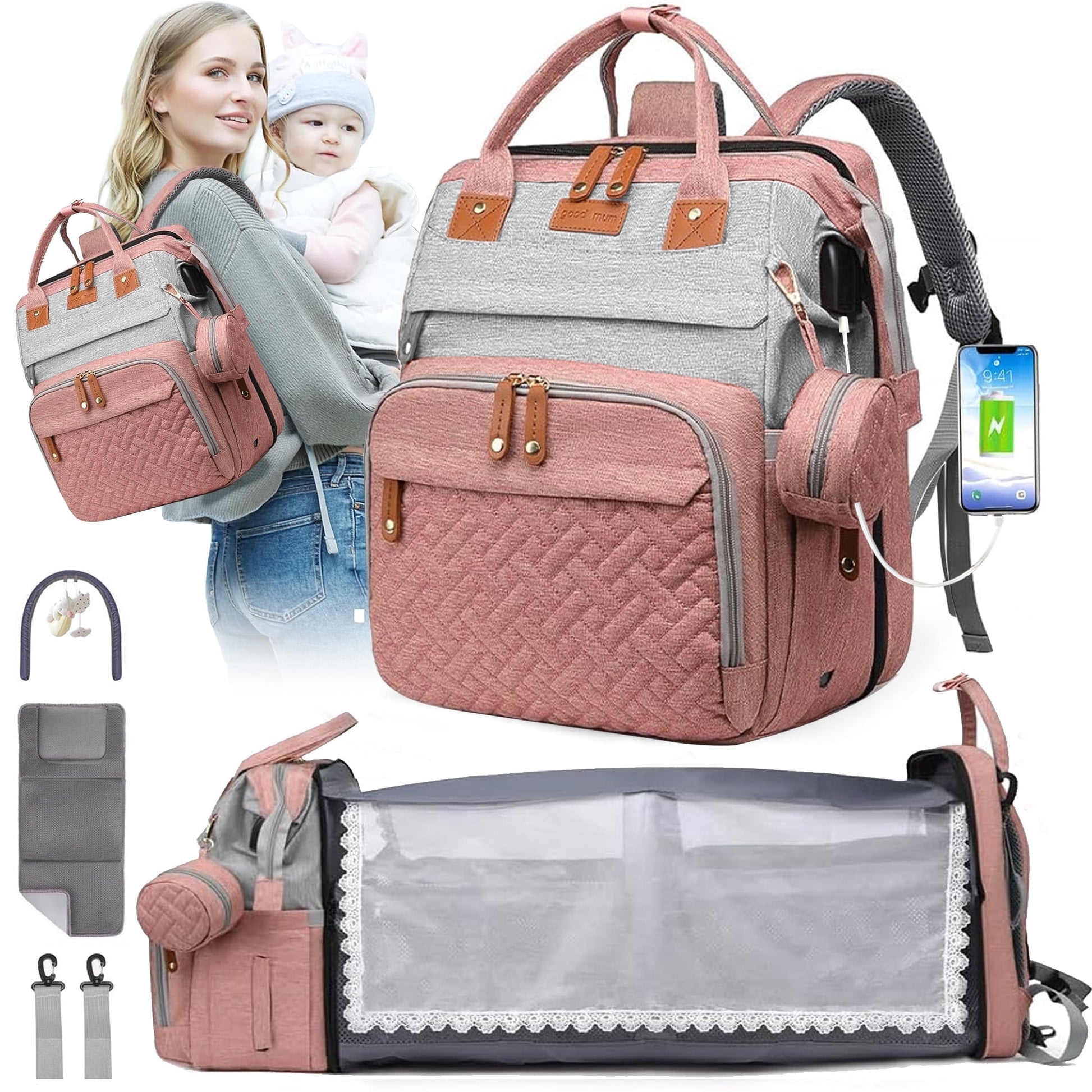 Morfone Diaper Bag Backpack with Changing Station, Large Capacity Baby Essentials Travel Tote, Waterproof Baby Bag with Changing Pad Stroller Straps & Pacifier Case - Unisex
