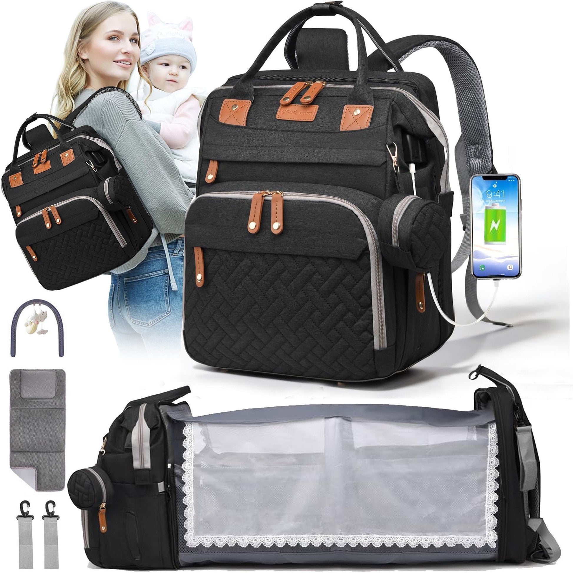 Morfone Diaper Bag Backpack with Changing Station, Large Capacity Baby Essentials Travel Tote, Waterproof Baby Bag with Changing Pad Stroller Straps & Pacifier Case - Unisex