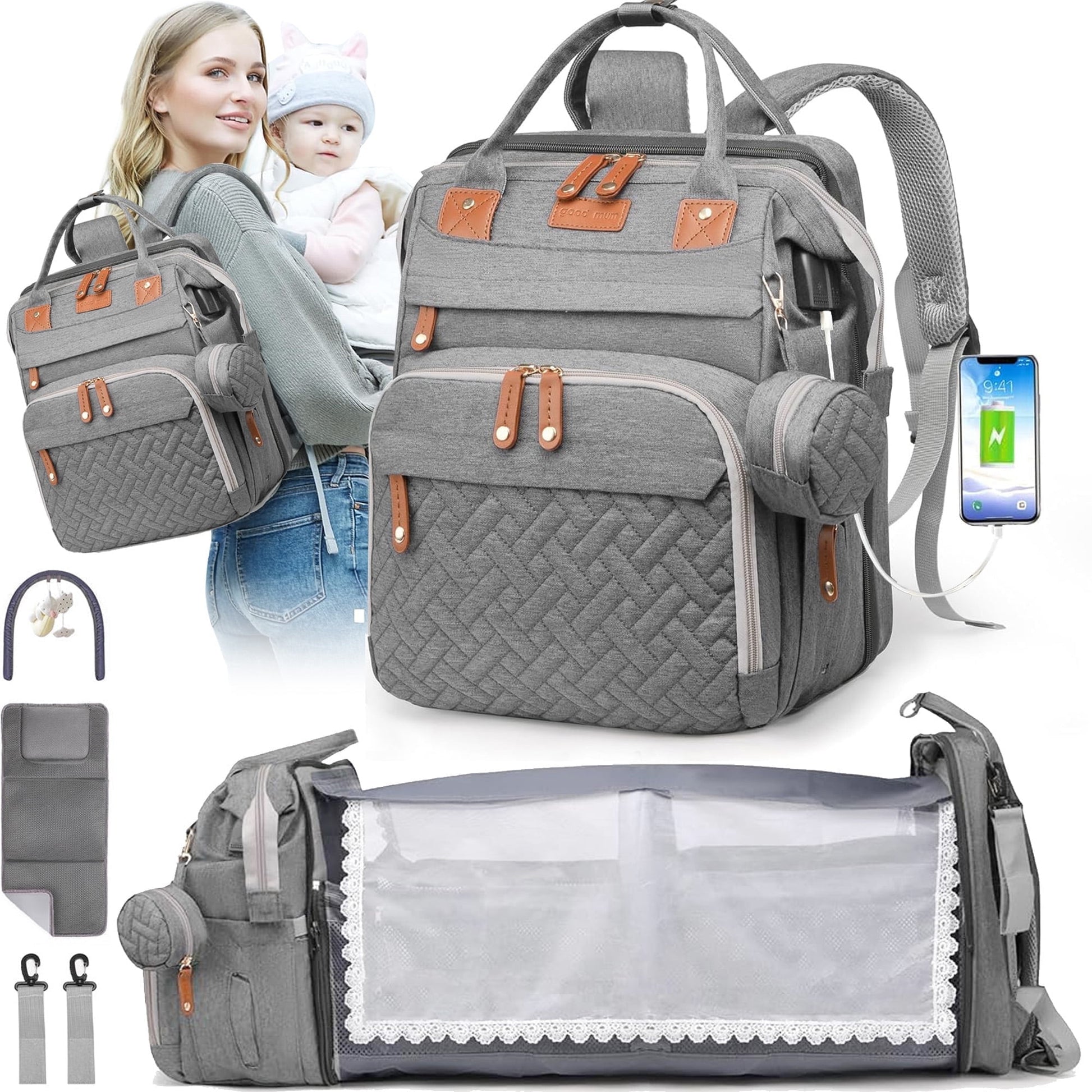 Morfone Diaper Bag Backpack with Changing Station, Large Capacity Baby Essentials Travel Tote, Waterproof Baby Bag with Changing Pad Stroller Straps & Pacifier Case - Unisex