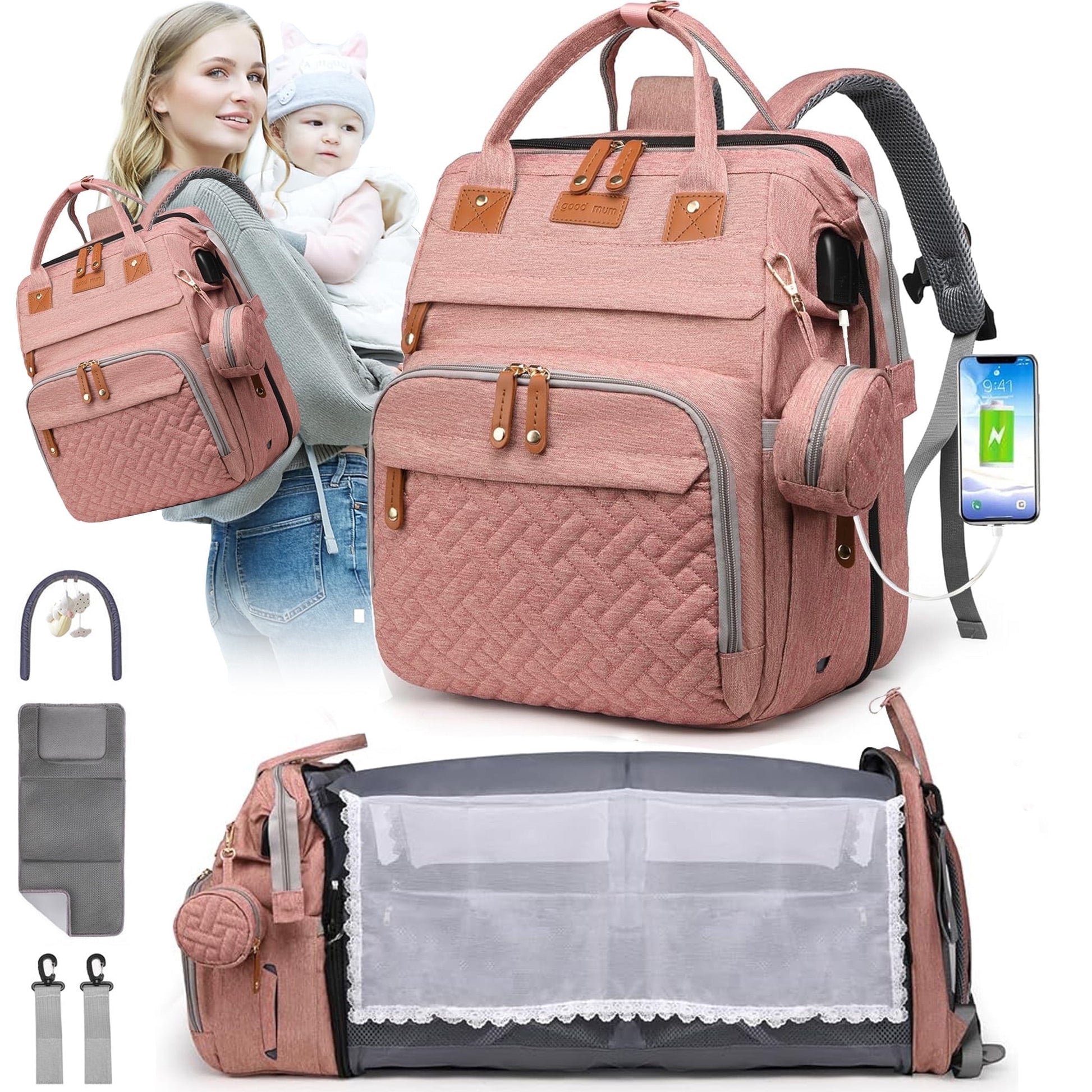 Morfone Diaper Bag Backpack with Changing Station, Large Capacity Baby Essentials Travel Tote, Waterproof Baby Bag with Changing Pad Stroller Straps & Pacifier Case - Unisex