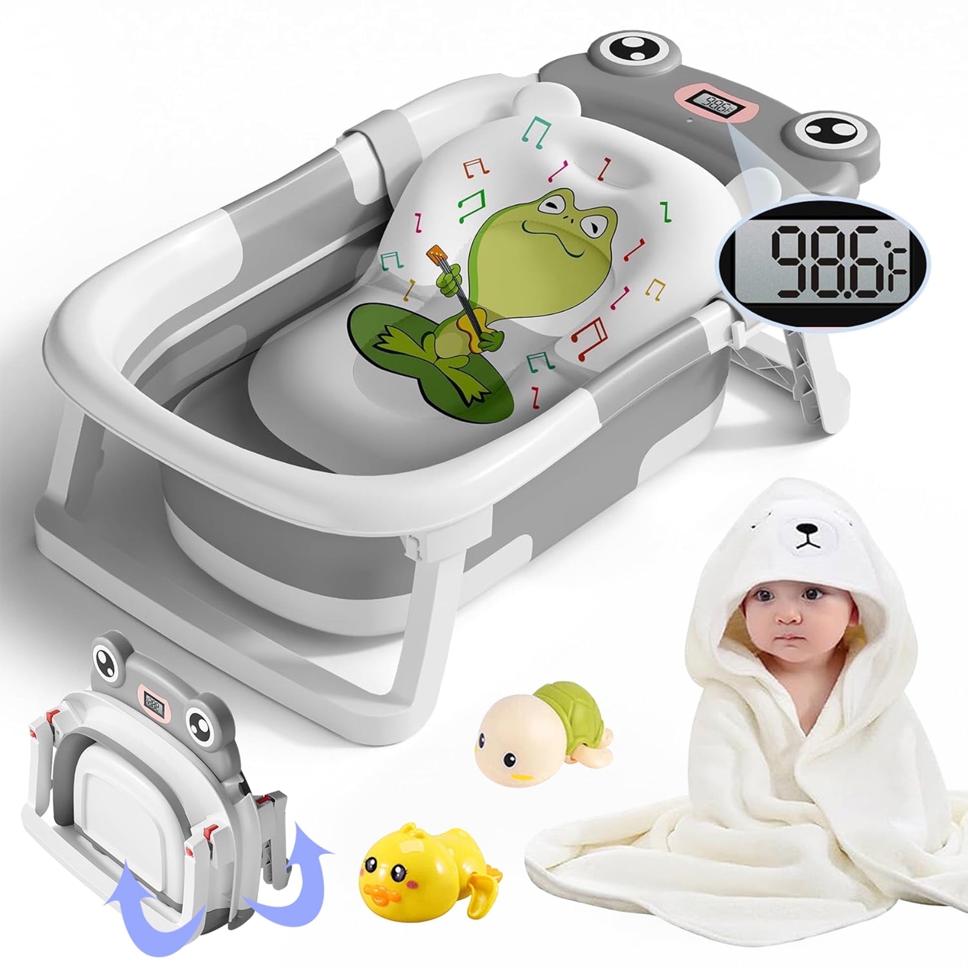 Morfone Collapsible Baby Bathtub with Thermometer, Hooded Towel, Soft Cushion and Bath Toys, Portable Travel Baby Tub for Newborn to Toddler 0-36 Months