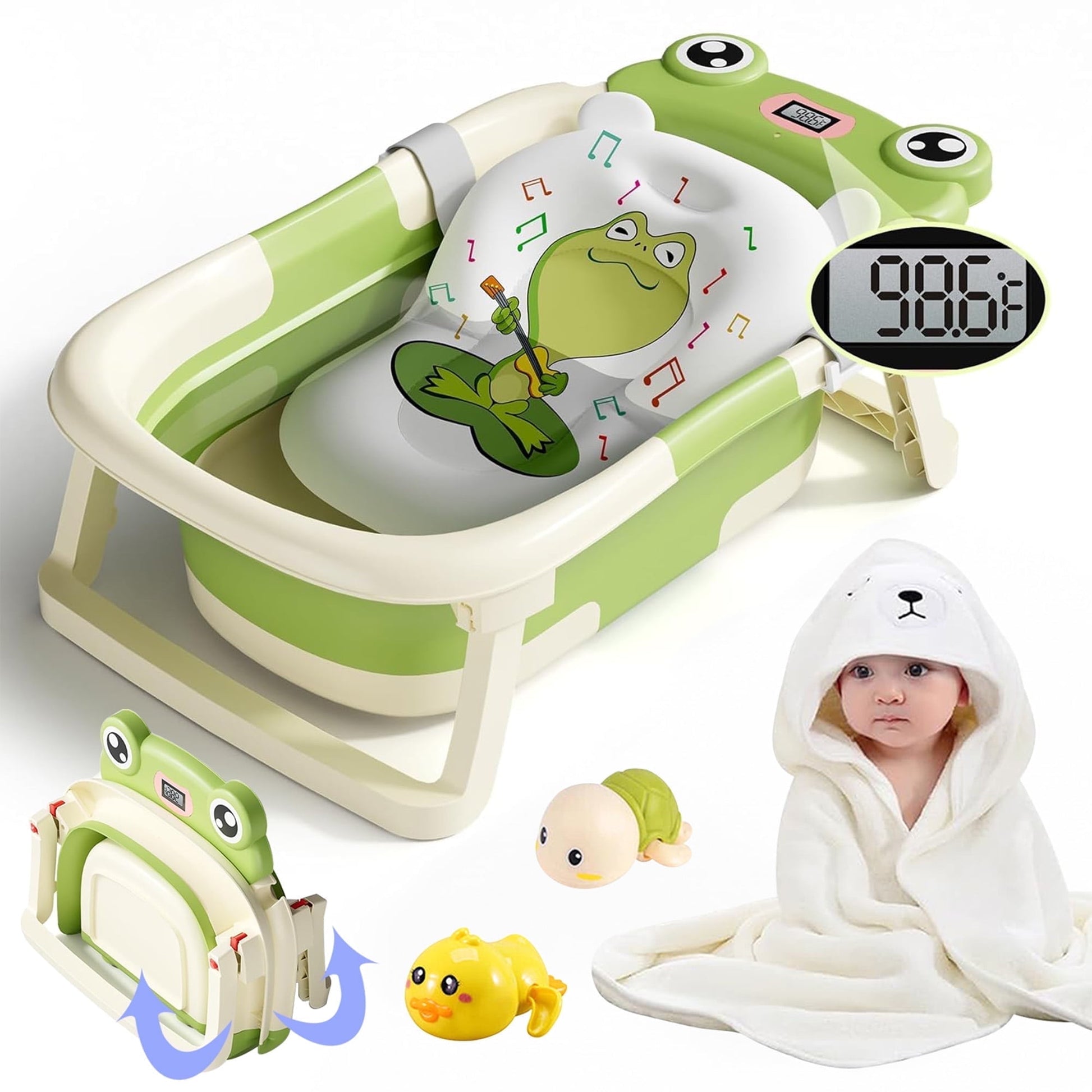 Morfone Collapsible Baby Bathtub with Thermometer, Hooded Towel, Soft Cushion and Bath Toys, Portable Travel Baby Tub for Newborn to Toddler 0-36 Months