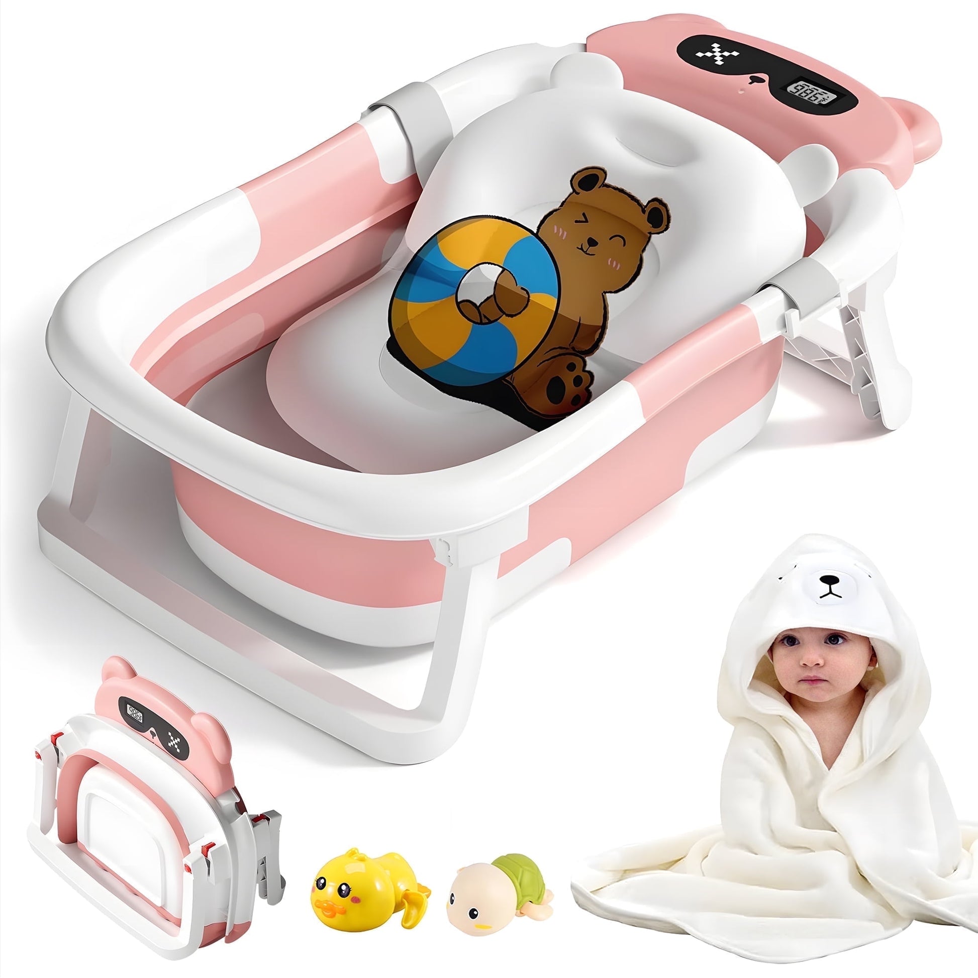 Morfone Collapsible Baby Bathtub for Newborn to Toddler 0-36 months with Thermometer, Hooded Towel, Soft Cushion and Bath Toys, Portable Travel Baby Tub with Drain Hole