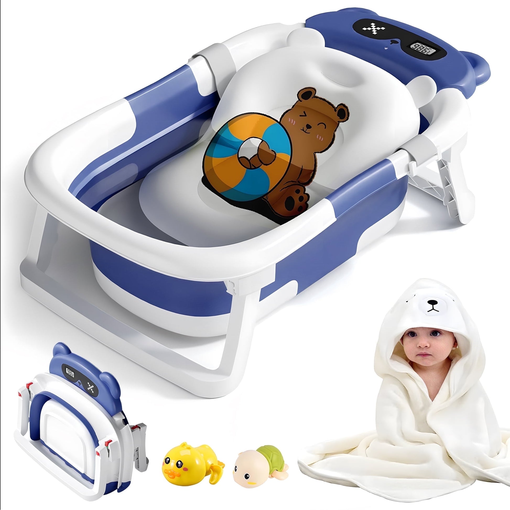 Morfone Collapsible Baby Bathtub for Newborn to Toddler 0-36 months with Thermometer, Hooded Towel, Soft Cushion and Bath Toys, Portable Travel Baby Tub with Drain Hole