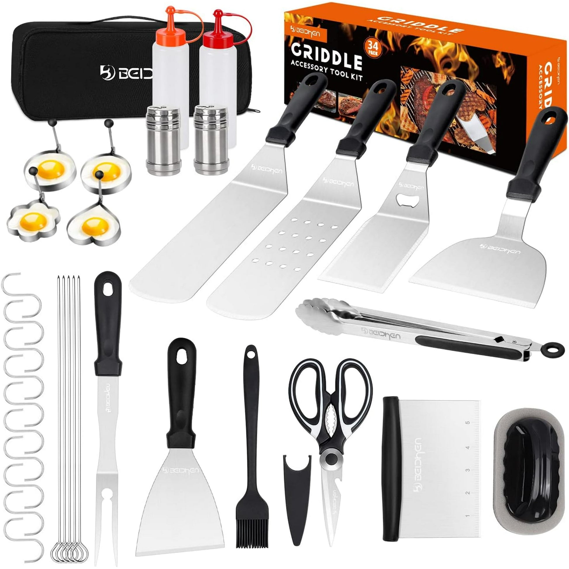 Morfone Griddle Accessories Kit, 34Pcs Stainless Steel Flat Top Grill Tools Set for Blackstone and Camp Chef, Grilling Spatula Set, Scraper, Carry Bag, Griddle Cleaning Kit for Outdoor BBQ, Camping