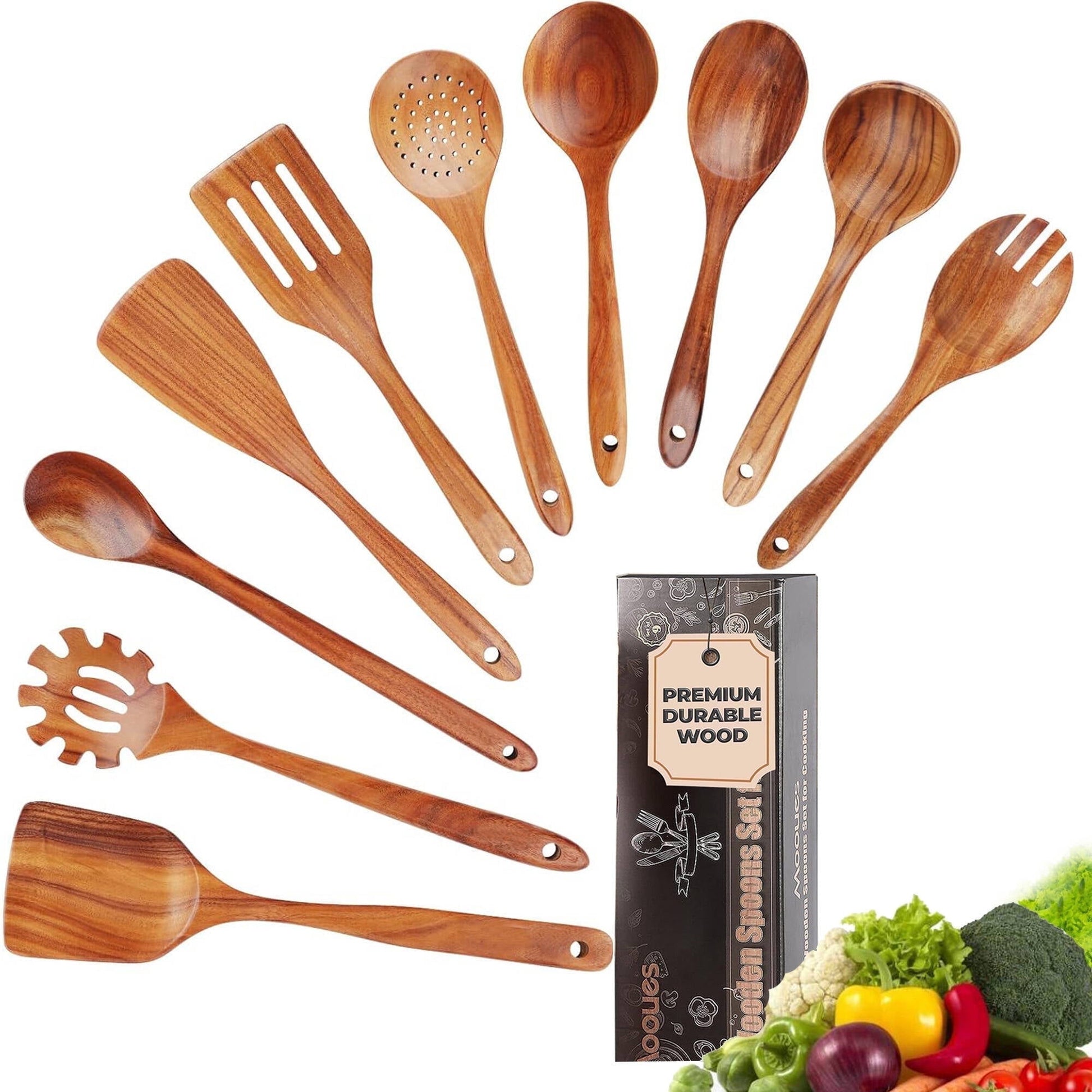 ACMETOP Wooden Spoons for Cooking, 9 Pcs Natural Teak Kitchen Utensil Set with Utensils Holder & Spoon Rest, Wooden Cooking Utensils for Nonstick Pans & Cookware