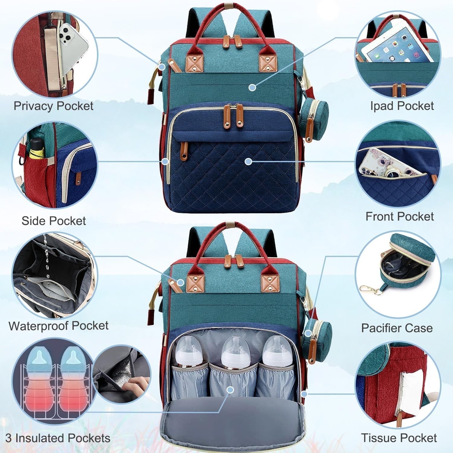 Morfone Baby Diaper Bag Backpack, Multifunction Waterproof Baby Bag with USB Charging Port, Stroller Straps & Pacifier Case Unisex