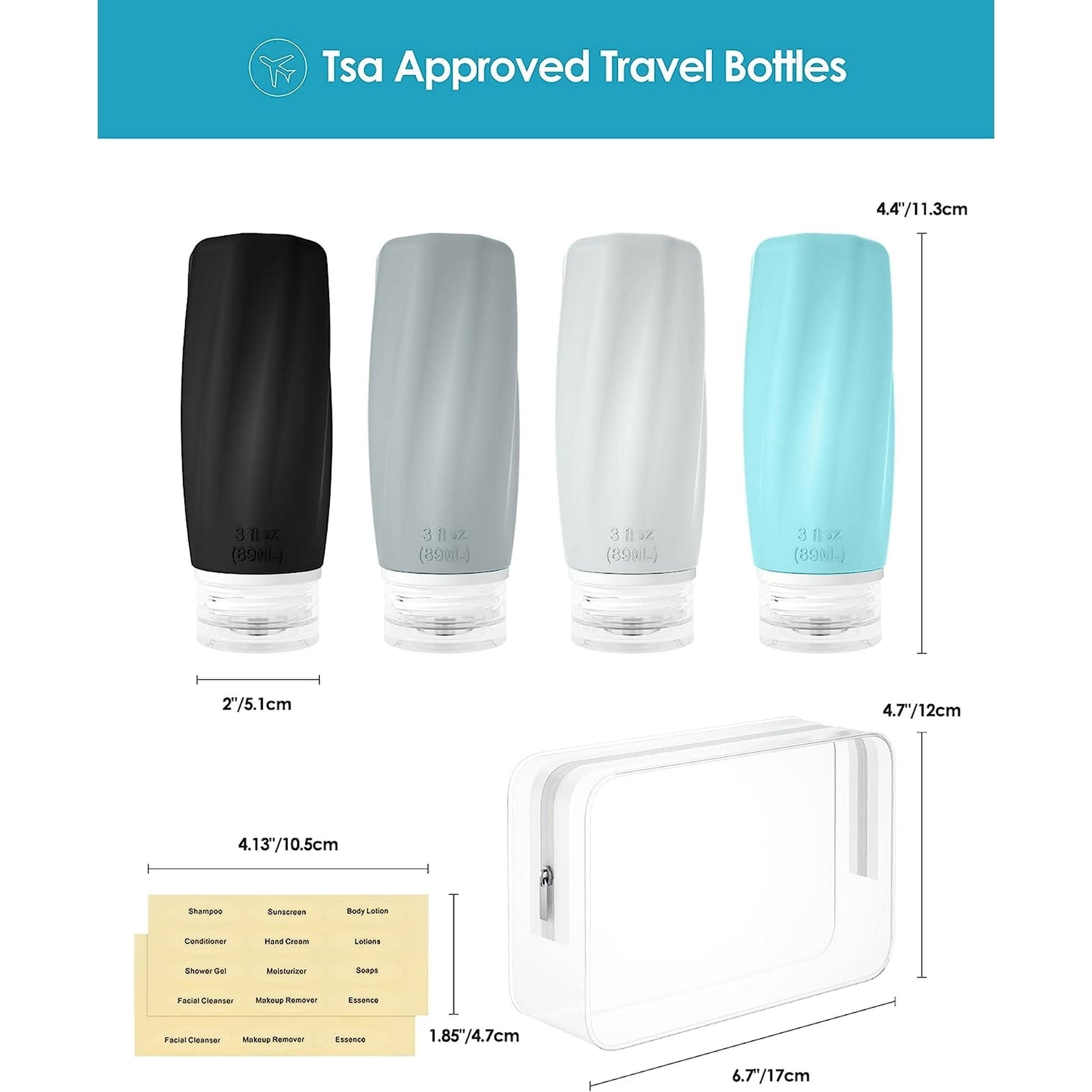 Morfone 4 pack Travel Bottles for Toiletries, TSA Approved Silicone Travel Toiletries, BPA Free Leak Proof Tubs Refillable Liquid with Toiletry Bag, Shampoo Travel Essentials Toiletry Bottles