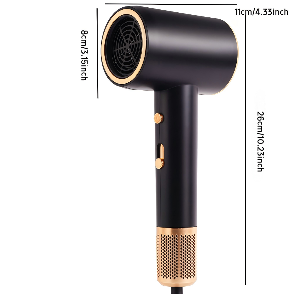 Morfone Black 10-piece hammer style hair dryer, with adjustable hot and cold air. A hair styling set with comb hair clips and a fan-shaped nozzle.