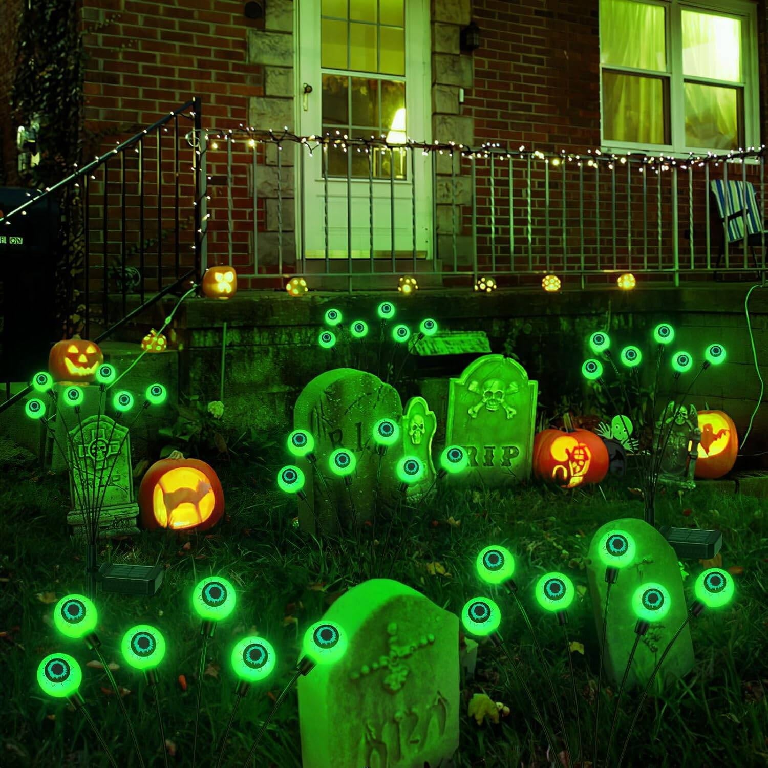 Morfone Halloween Decorations Outdoor, 2 Pack 12 LED Scary Eyeball Solar Halloween Lights, 2 Mode Waterproof Swaying Outside Decor, Solar Light Decorations for Garden Yard Party