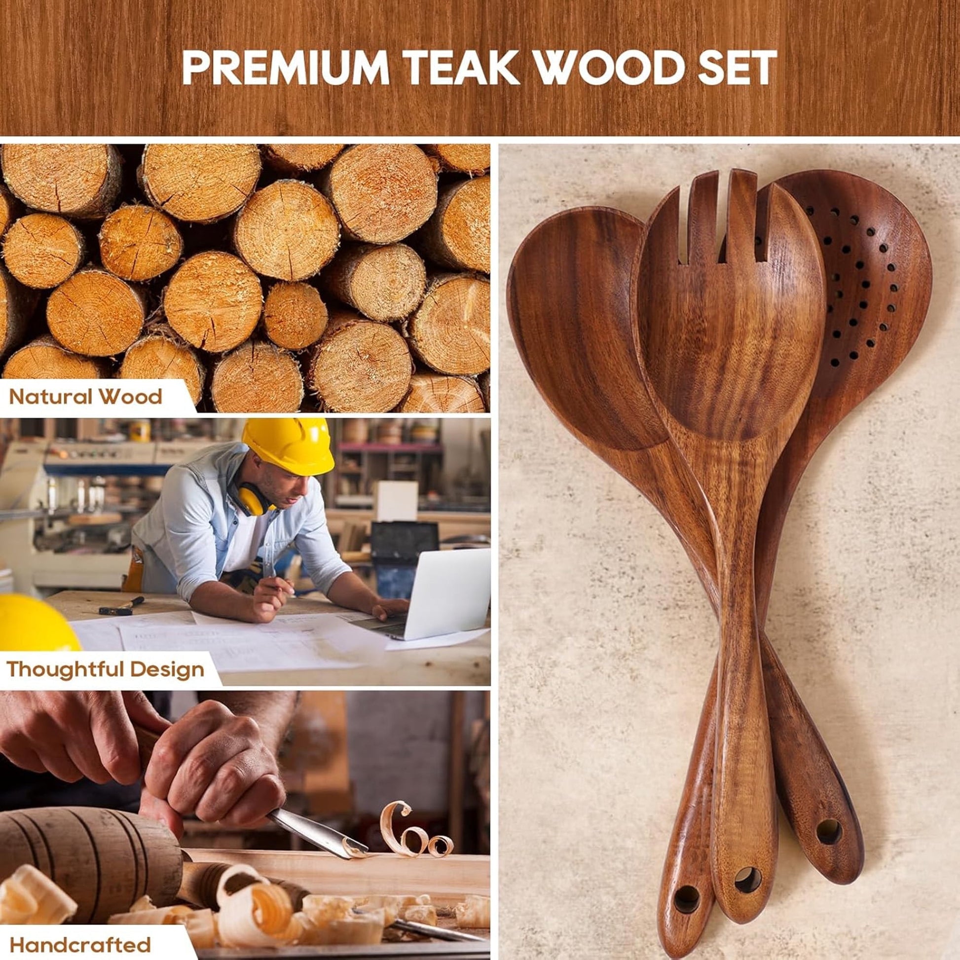 ACMETOP Wooden Spoons for Cooking, 9 Pcs Natural Teak Wooden Utensil Set,Kitchen Utensil Set with Utensils Holder & Spoon Rest, Wooden Cooking Utensils for Nonstick Pans & Cookware,Best Gift for Mom