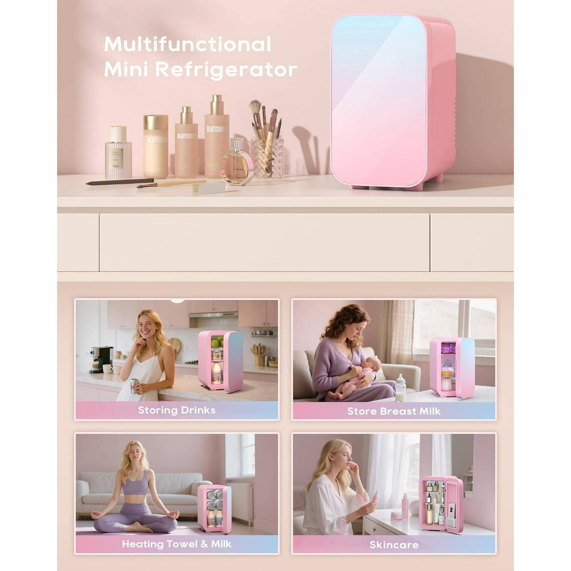 BEICHEN Mini Fridge, 6 Liter/8 Can Skincare Fridge, 110V AC/DC Portable Thermoelectric Cooler & Warmer Refrigerators for Bedroom, Dorm, Office, Car, Pink