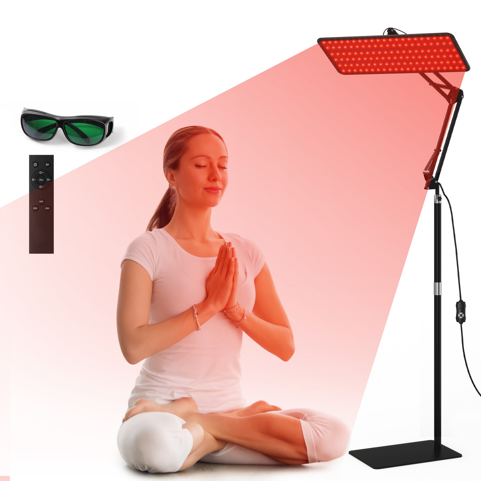 Morfone infrared light therapy lamps with wavelengths of 660nm, 850nm and 940nm. A red light therapy device equipped with a wireless remote control.