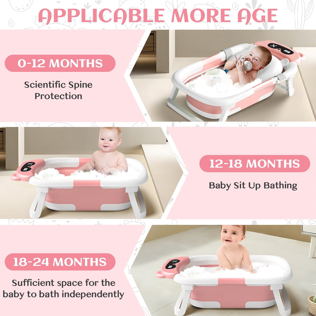 Morfone Collapsible Baby Bathtub for Newborn to Toddler 0-36 months with Thermometer, Hooded Towel, Soft Cushion and Bath Toys, Portable Travel Baby Tub with Drain Hole