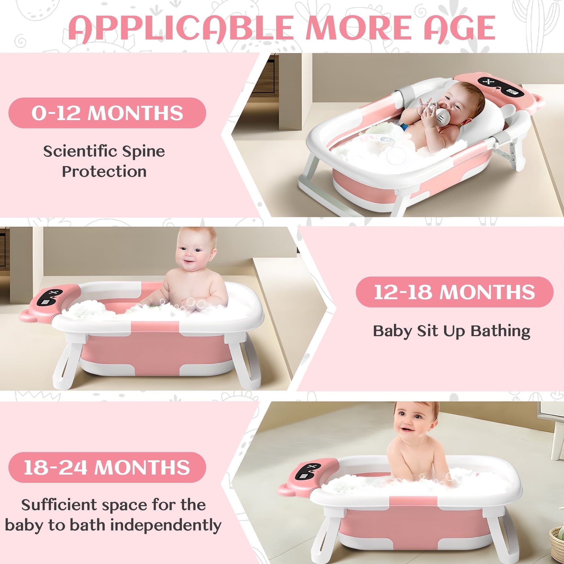 Morfone Collapsible Baby Bathtub for Newborn to Toddler 0-36 months with Thermometer, Hooded Towel, Soft Cushion and Bath Toys, Portable Travel Baby Tub with Drain Hole