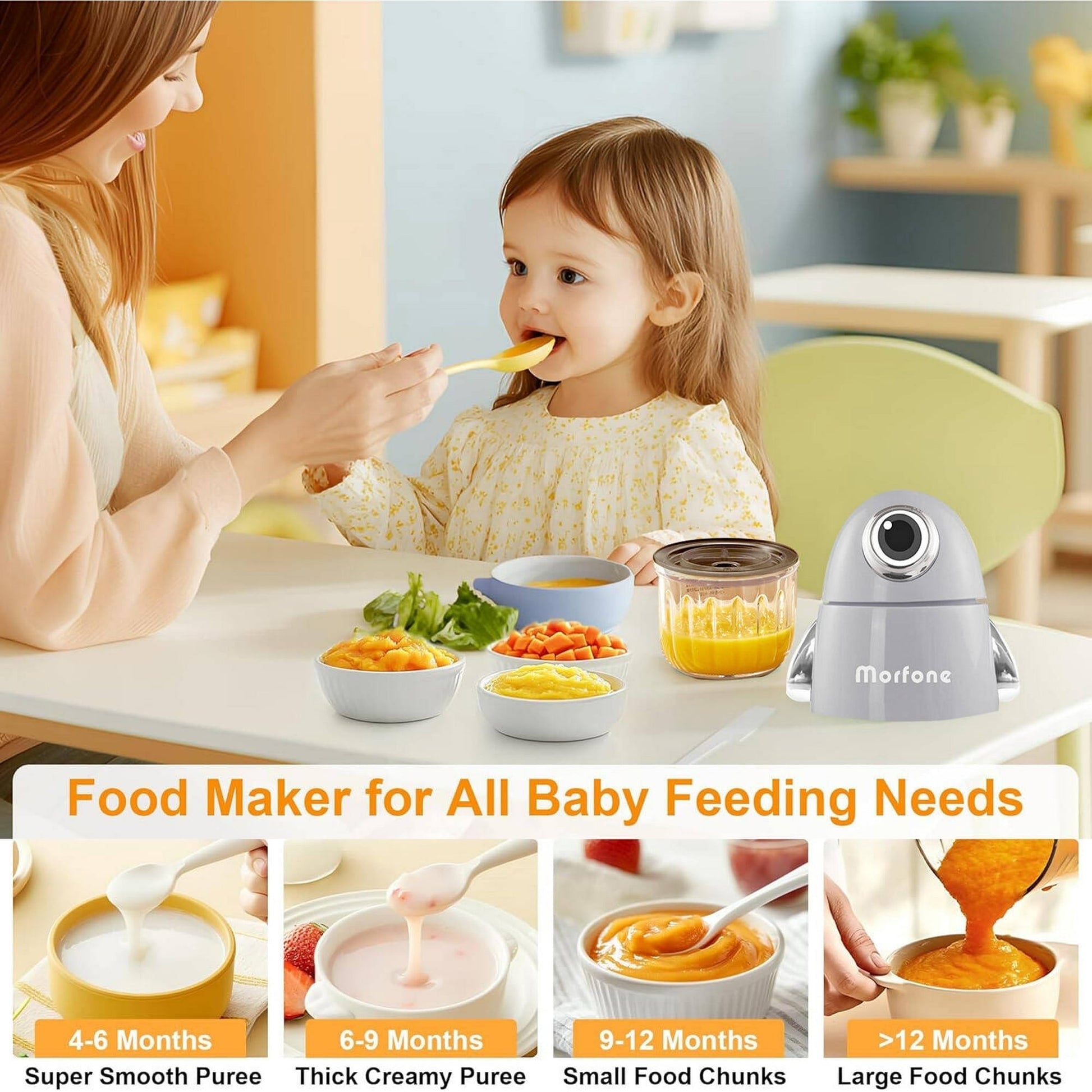 Morfone Baby Food Maker, 10-in-1 Baby Food Processor for Fruit Vegetable Meat, Food Blender with 8 Blades, Gray