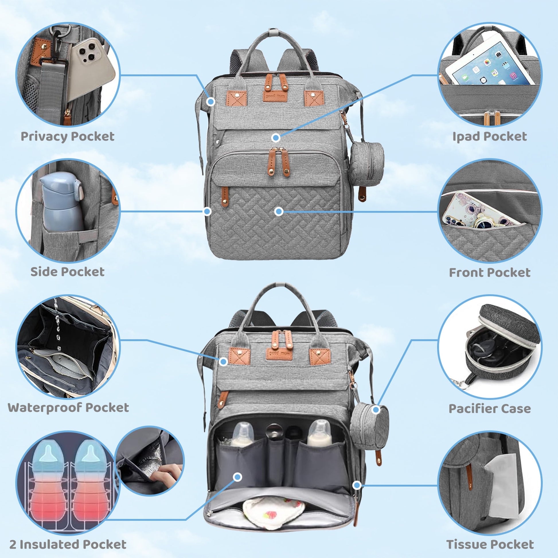 Morfone Diaper Bag Backpack with Changing Station, Large Capacity Baby Essentials Travel Tote, Waterproof Baby Bag with Changing Pad Stroller Straps & Pacifier Case - Unisex