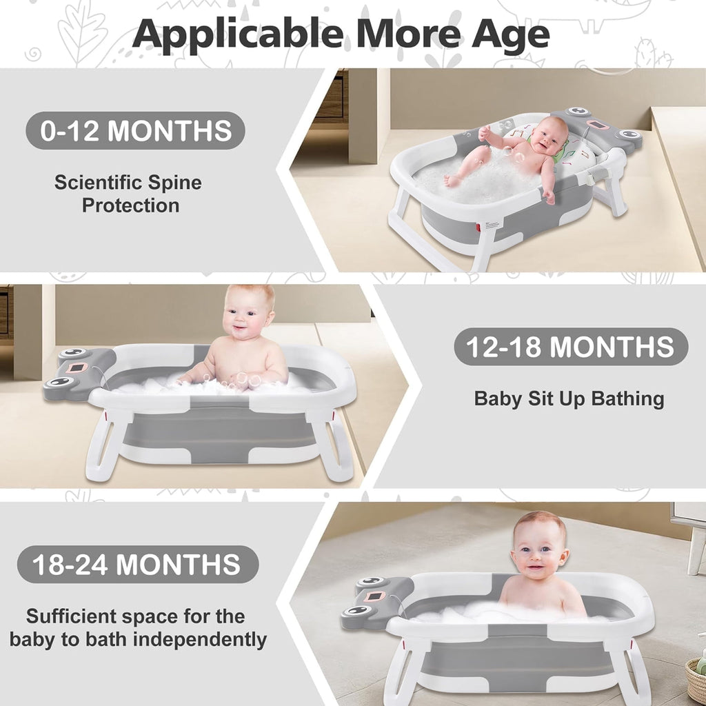 Morfone Collapsible Baby Bathtub with Thermometer, Hooded Towel, Soft Cushion and Bath Toys, Portable Travel Baby Tub for Newborn to Toddler 0-36 Months