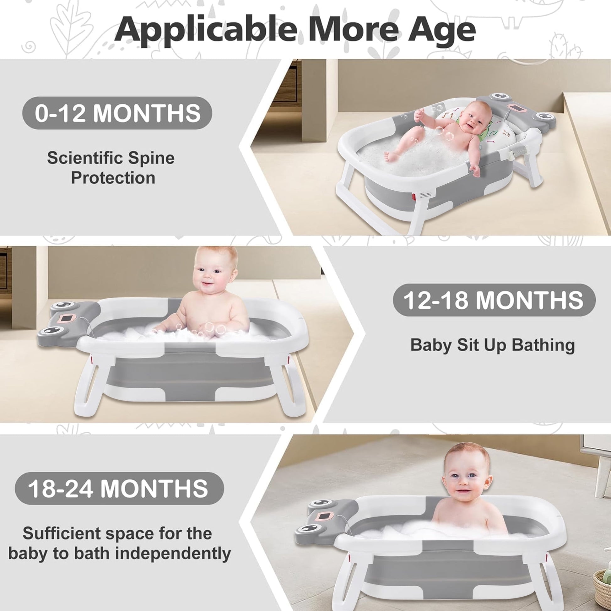 Morfone Collapsible Baby Bathtub with Thermometer, Hooded Towel, Soft Cushion and Bath Toys, Portable Travel Baby Tub for Newborn to Toddler 0-36 Months