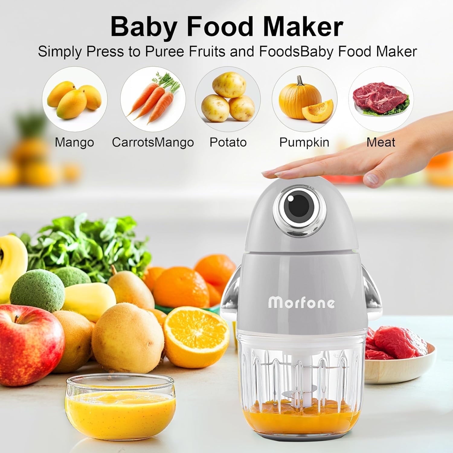 Morfone Baby Food Maker, 10-in-1 Baby Food Processor for Fruit Vegetable Meat, Food Blender with 8 Blades, Gray