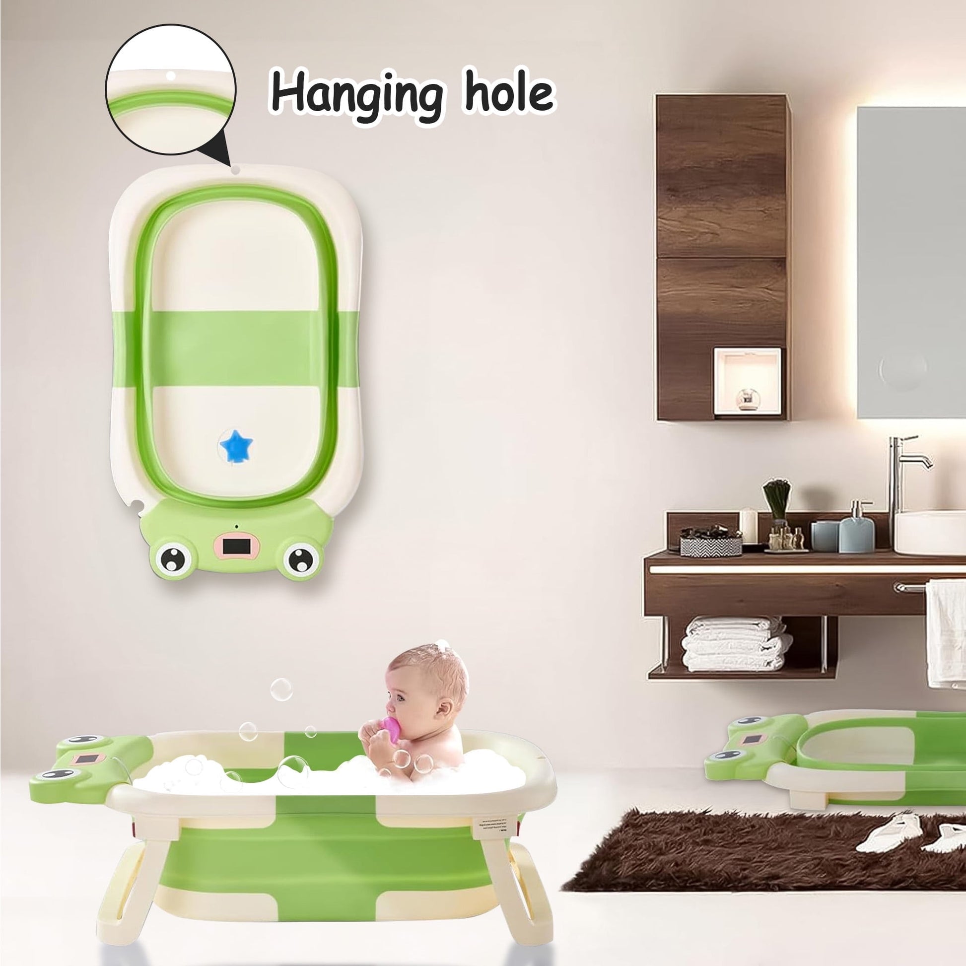 Morfone Collapsible Baby Bathtub with Thermometer, Hooded Towel, Soft Cushion and Bath Toys, Portable Travel Baby Tub for Newborn to Toddler 0-36 Months