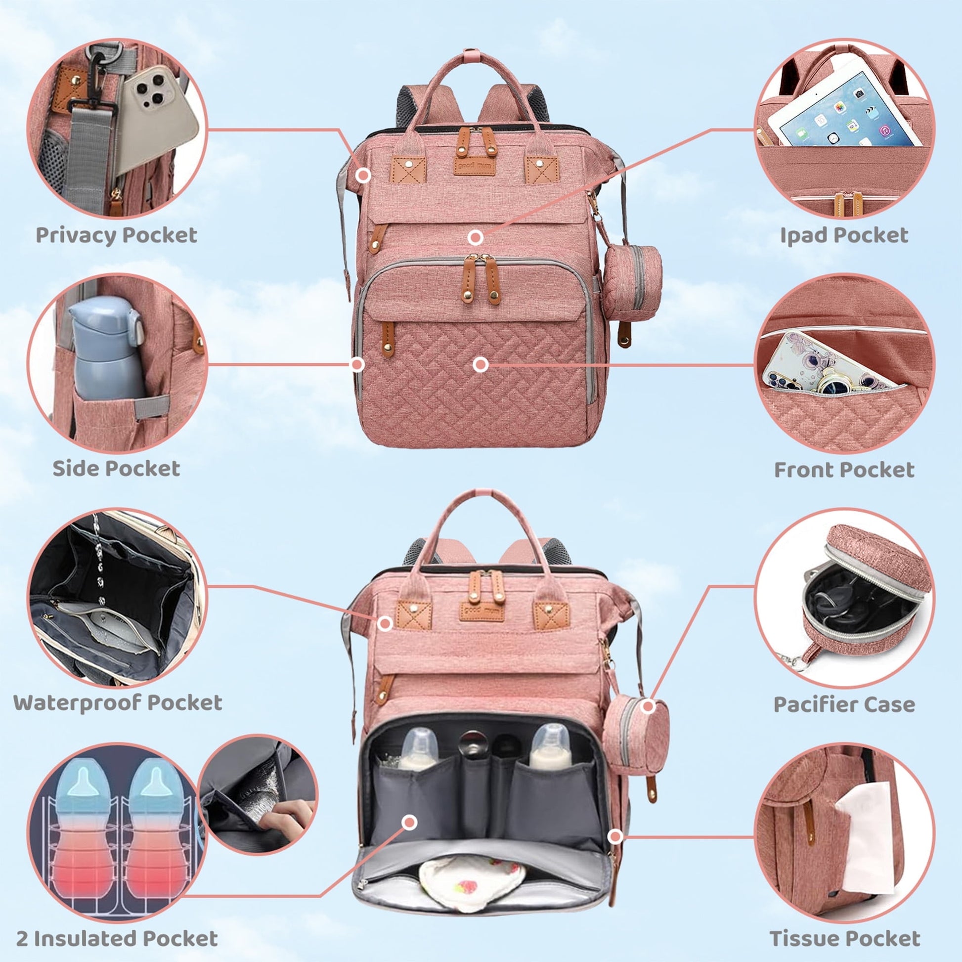 Morfone Diaper Bag Backpack with Changing Station, Large Capacity Baby Essentials Travel Tote, Waterproof Baby Bag with Changing Pad Stroller Straps & Pacifier Case - Unisex