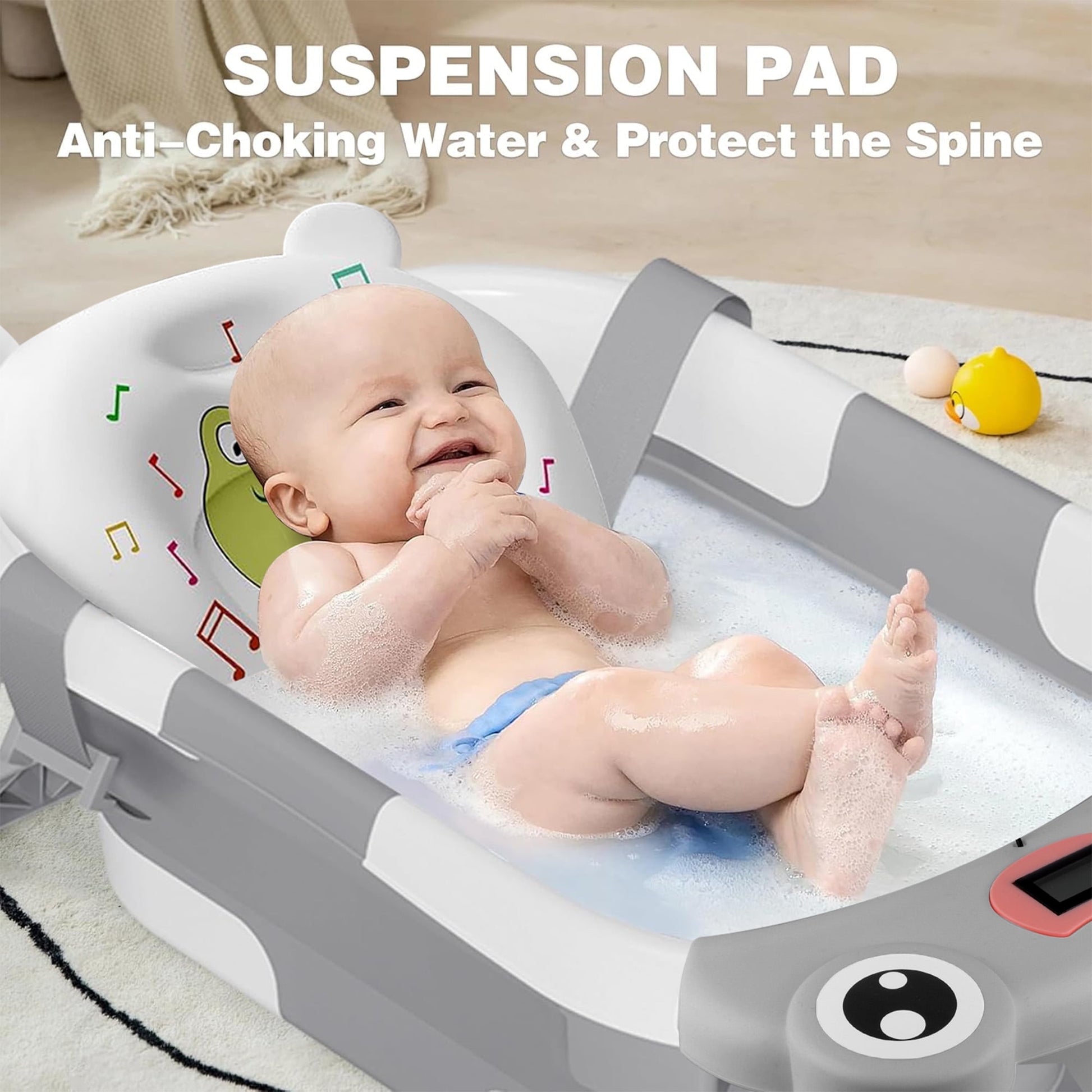 Morfone Collapsible Baby Bathtub with Thermometer, Hooded Towel, Soft Cushion and Bath Toys, Portable Travel Baby Tub for Newborn to Toddler 0-36 Months