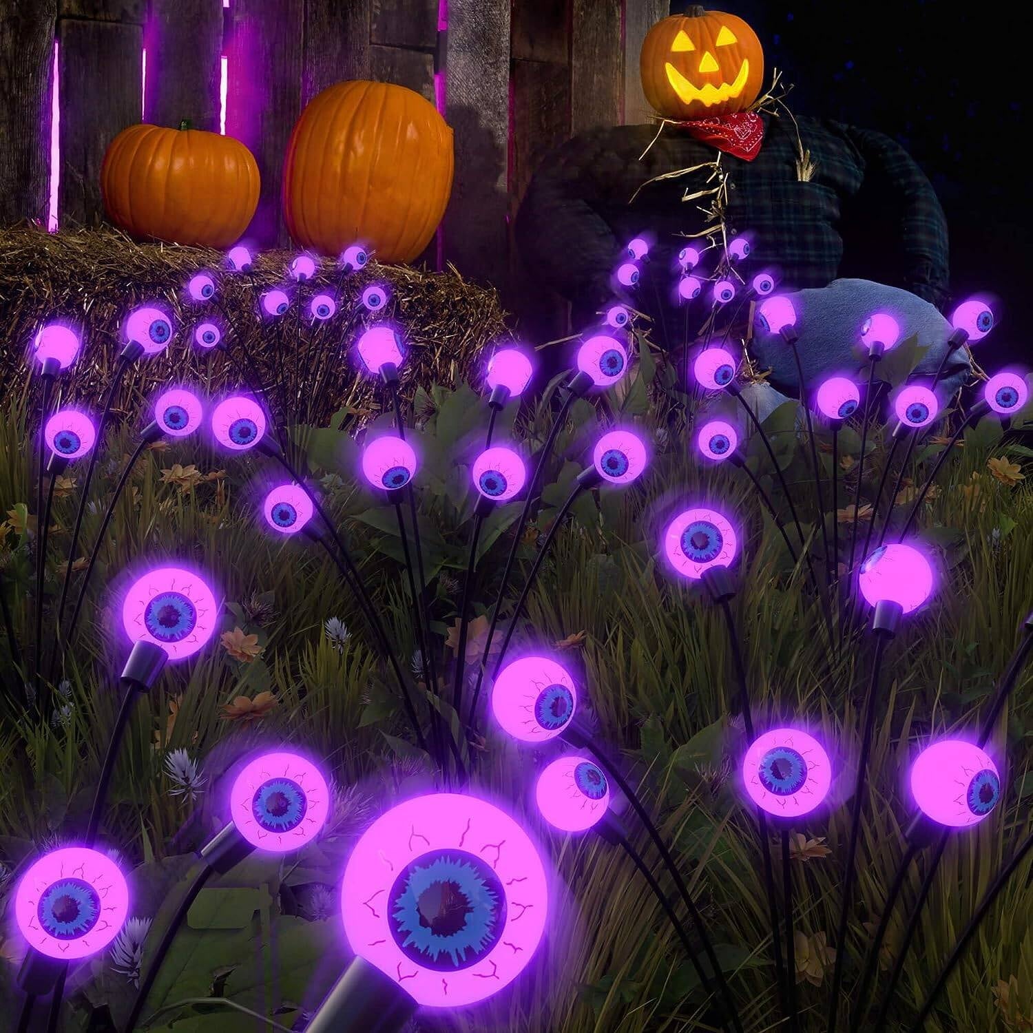 Morfone Halloween Decorations Outdoor, 2 Pack 12 LED Scary Eyeball Solar Halloween Lights, 2 Mode Waterproof Swaying Outside Decor, Solar Light Decorations for Garden Yard Party