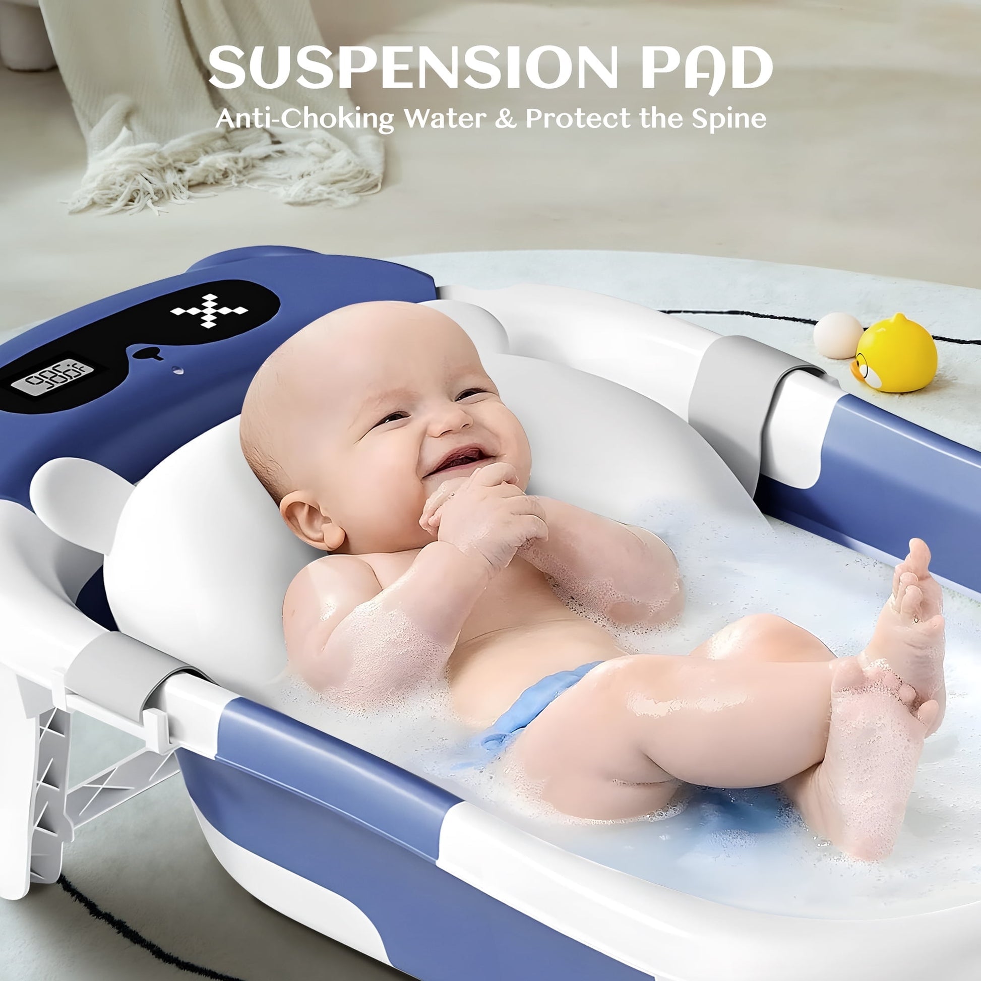Morfone Collapsible Baby Bathtub for Newborn to Toddler 0-36 months with Thermometer, Hooded Towel, Soft Cushion and Bath Toys, Portable Travel Baby Tub with Drain Hole
