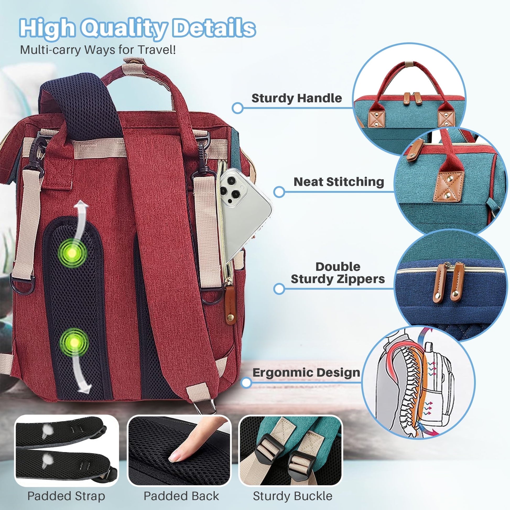 Morfone Baby Diaper Bag Backpack, Multifunction Waterproof Baby Bag with USB Charging Port, Stroller Straps & Pacifier Case Unisex