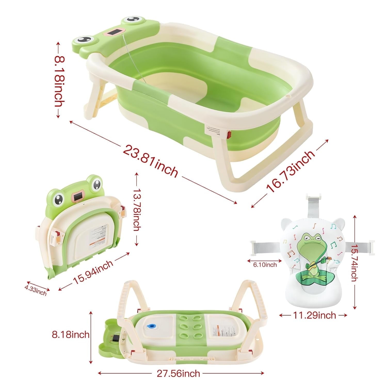 Morfone Collapsible Baby Bathtub with Thermometer, Hooded Towel, Soft Cushion and Bath Toys, Portable Travel Baby Tub for Newborn to Toddler 0-36 Months