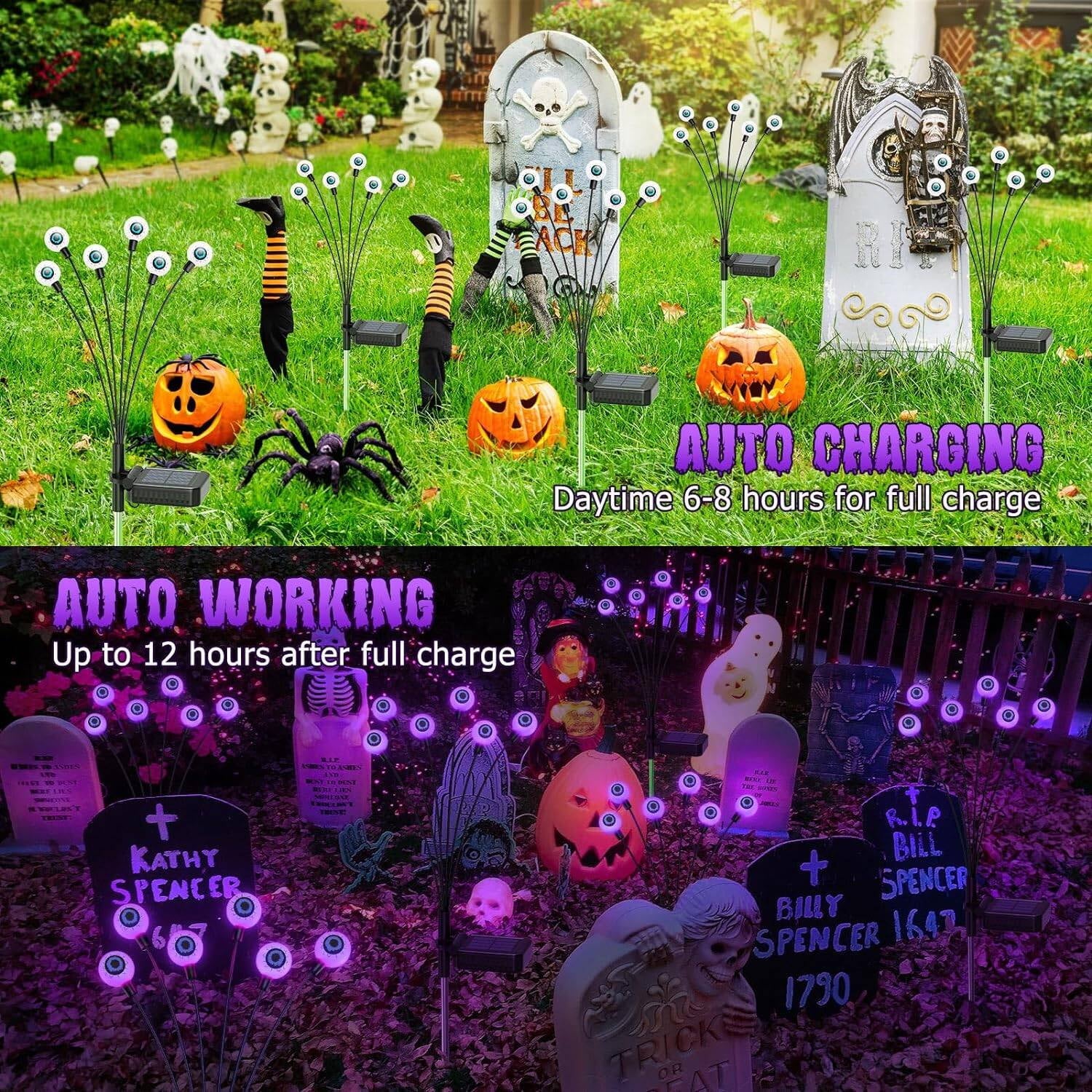 Morfone Halloween Decorations Outdoor, 2 Pack 12 LED Scary Eyeball Solar Halloween Lights, 2 Mode Waterproof Swaying Outside Decor, Solar Light Decorations for Garden Yard Party