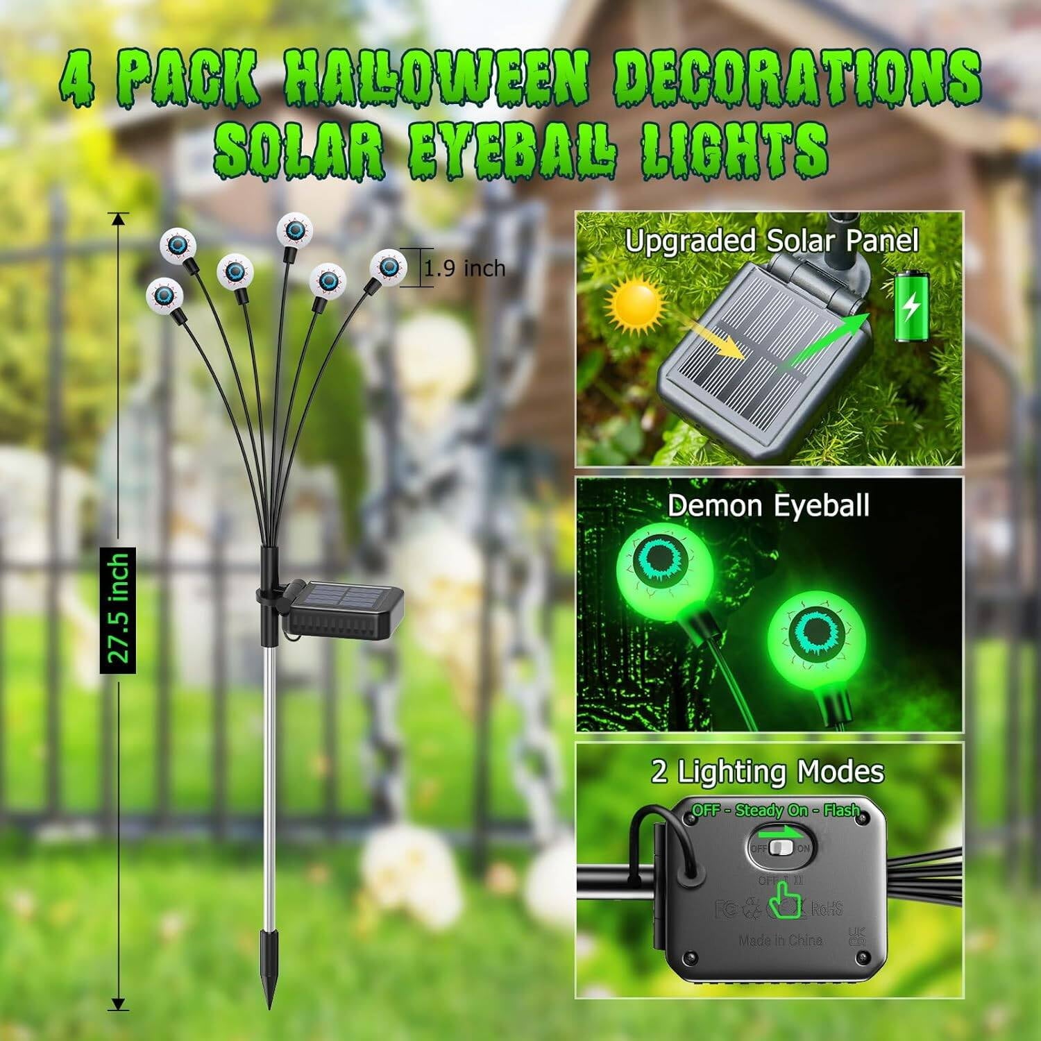 Morfone Halloween Decorations Outdoor, 2 Pack 12 LED Scary Eyeball Solar Halloween Lights, 2 Mode Waterproof Swaying Outside Decor, Solar Light Decorations for Garden Yard Party