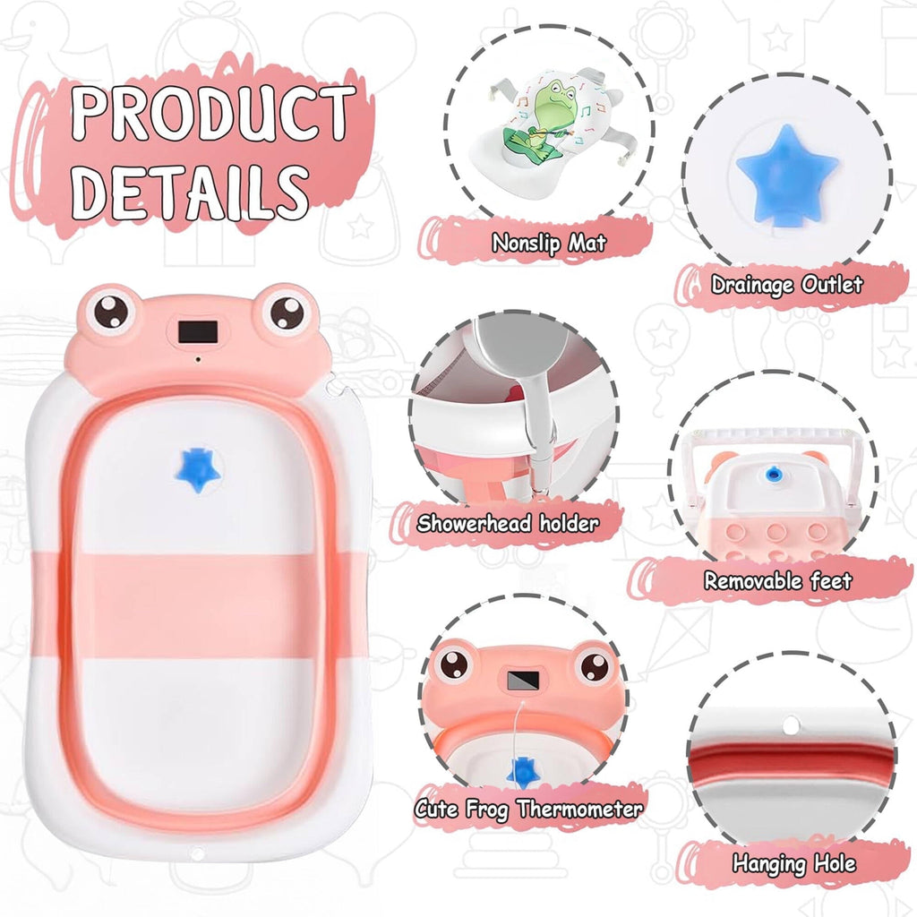 Morfone Collapsible Baby Bathtub with Thermometer, Hooded Towel, Soft Cushion and Bath Toys, Portable Travel Baby Tub for Newborn to Toddler 0-36 Months