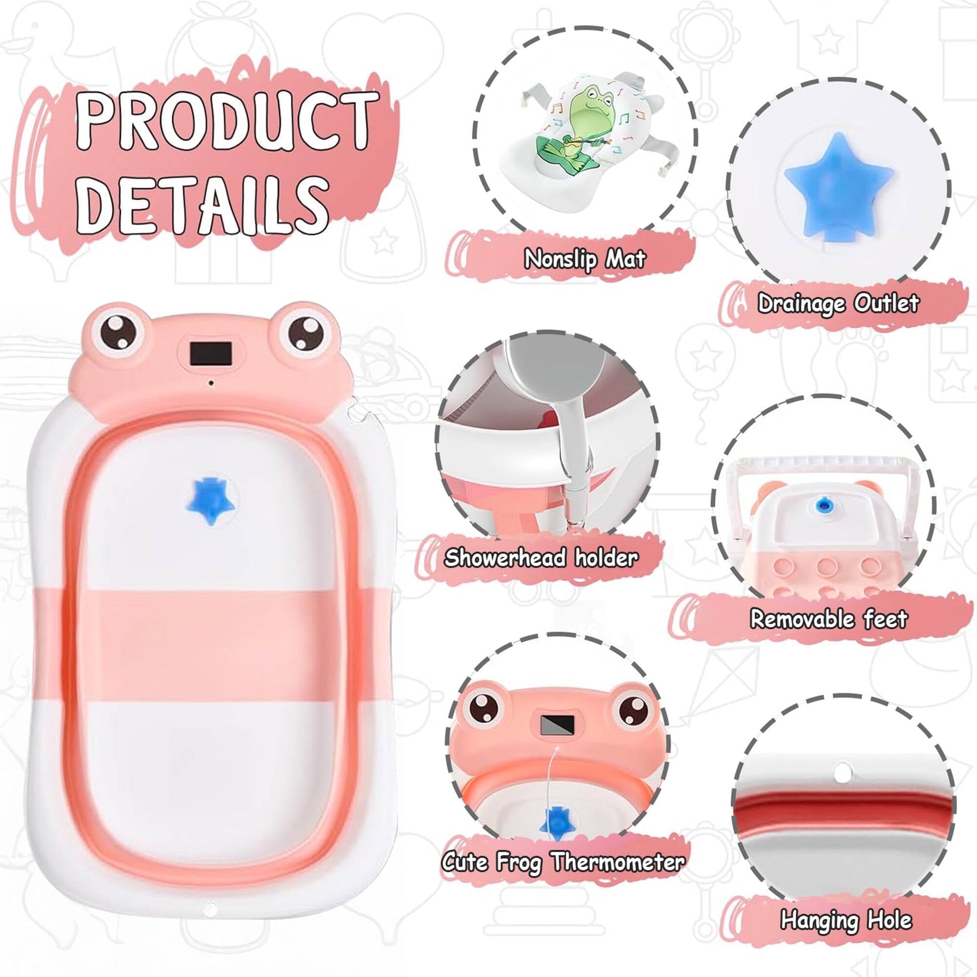 Morfone Collapsible Baby Bathtub with Thermometer, Hooded Towel, Soft Cushion and Bath Toys, Portable Travel Baby Tub for Newborn to Toddler 0-36 Months
