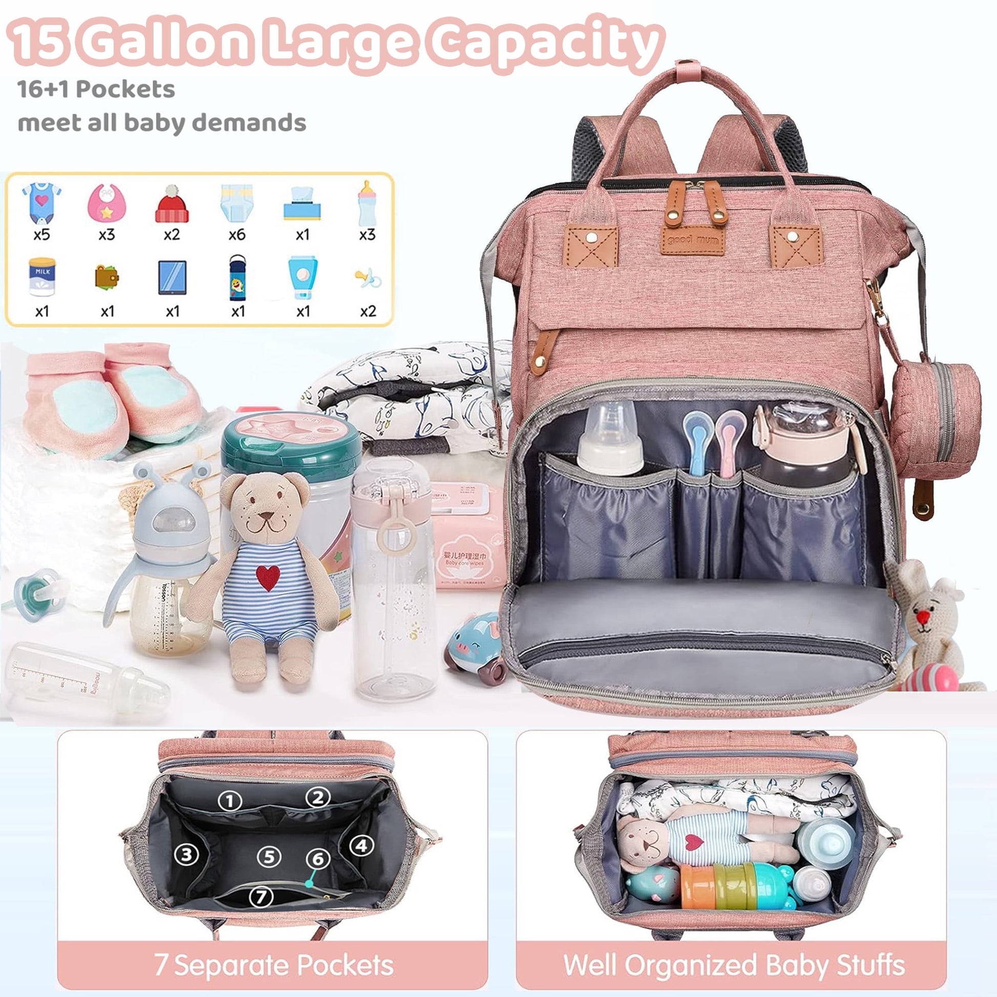Morfone Diaper Bag Backpack with Changing Station, Large Capacity Baby Essentials Travel Tote, Waterproof Baby Bag with Changing Pad Stroller Straps & Pacifier Case - Unisex