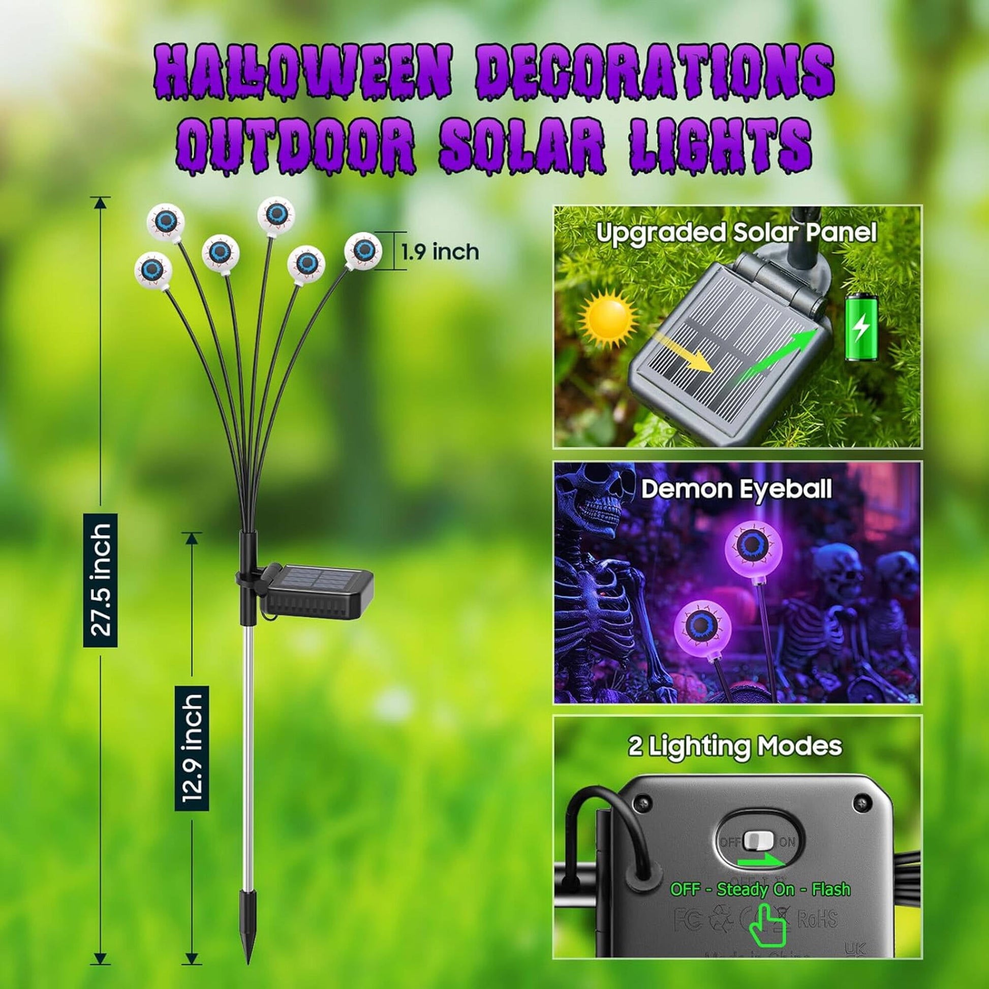 ACMETOP Halloween Decorations Outdoor, 2 Pack 12 LED Scary Eyeball Solar Halloween Lights, 2 Mode Waterproof Swaying Outside Decor, Solar Light Decorations for Garden Yard Party, Purple