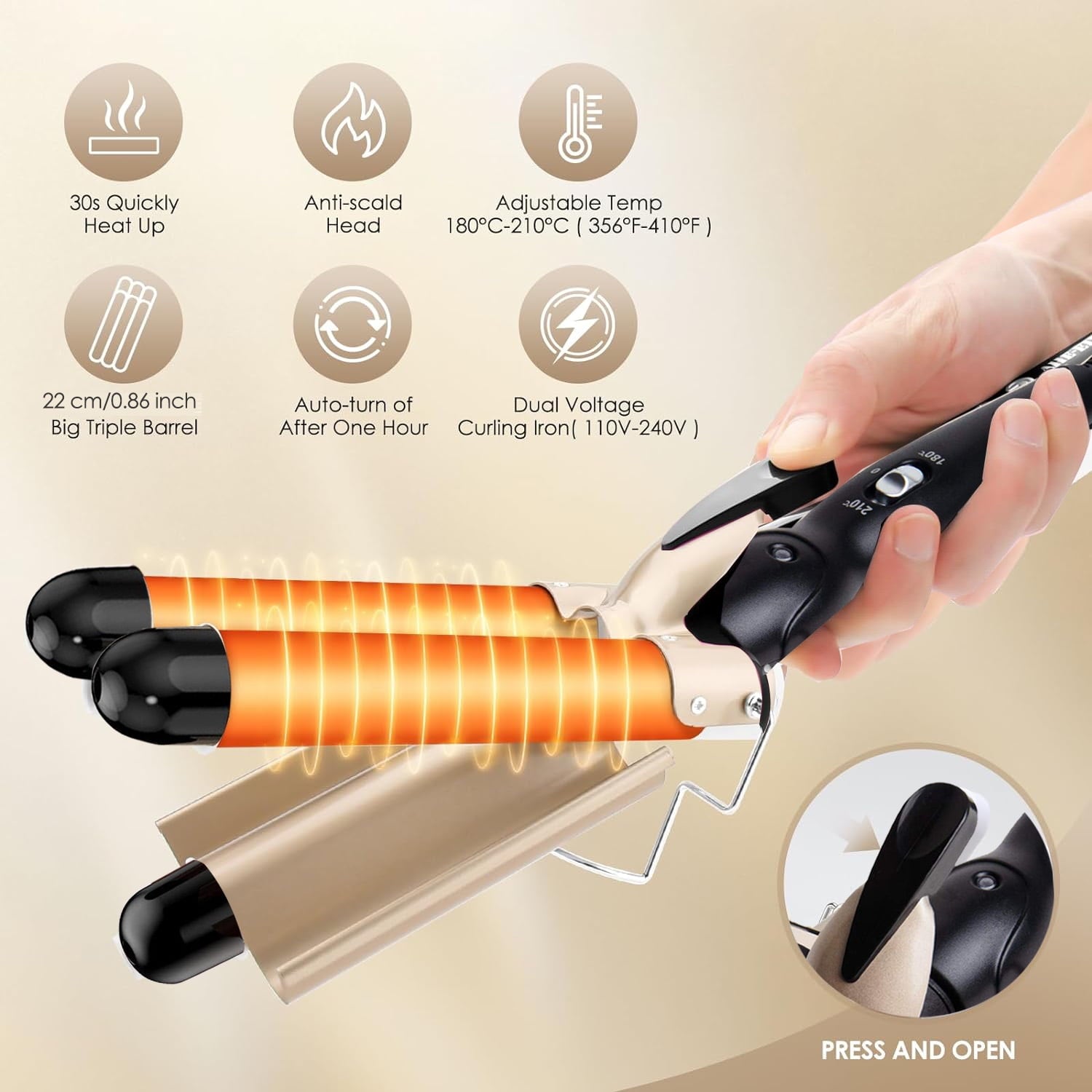 Morfone 3 Jumbo Barrel Curling Iron Wand 22mm Hair Waver Temperature Adjustable Ceramic Big Waves Hair Crimper